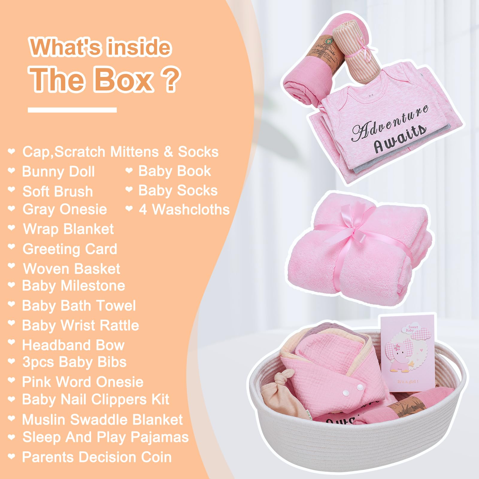 27-Piece Baby Girl Shower Gift Basket Set - Newborn Essentials with Rattle, Swaddle Blanket & Diaper Caddy Organizer | Perfect Baby Registry, Welcome Home & First Birthday Gift Idea | Large Pink Gift Box for New Parents