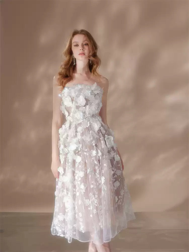 Anna Crystal Floral Embroidery Midi Dress - White | Elegant Summer Wedding Guest Dress & Casual Party Wear