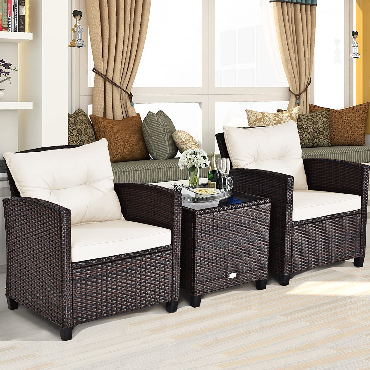 KOTEK 3-Piece Outdoor Patio Furniture Set with Washable Cushions & Tempered Glass Tabletop - PE Rattan Wicker Bistro Set for Porch, Garden, Balcony, Backyard (White) - Perfect for Relaxing, Entertaining Guests, and Outdoor Dining