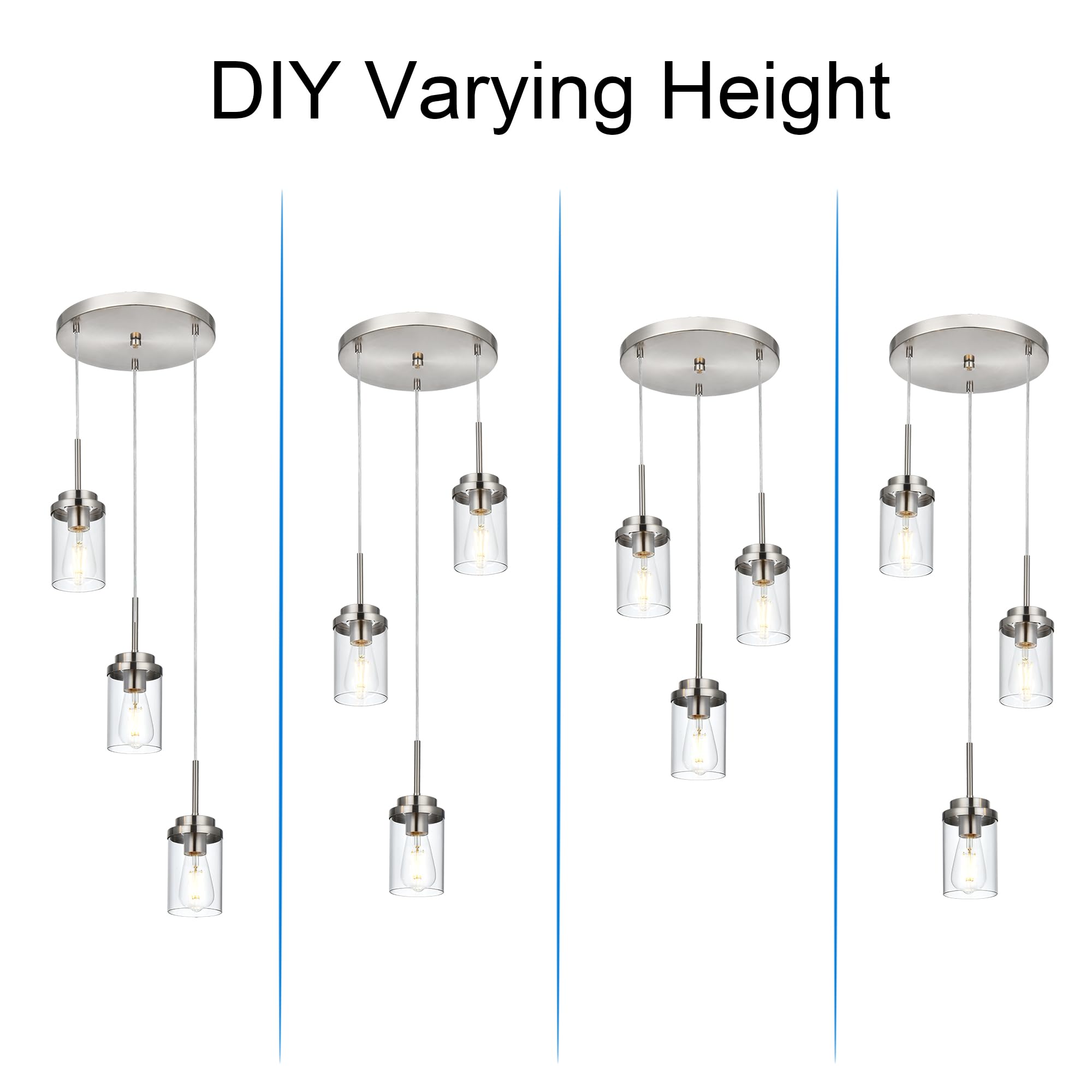 MELUCEE 3-Light Modern Chandelier for Dining Room & Kitchen Island - Brushed Nickel Finish, Adjustable Hanging Pendant Light with Clear Glass Shade - Perfect for Farmhouse, Contemporary & Transitional Home Decor