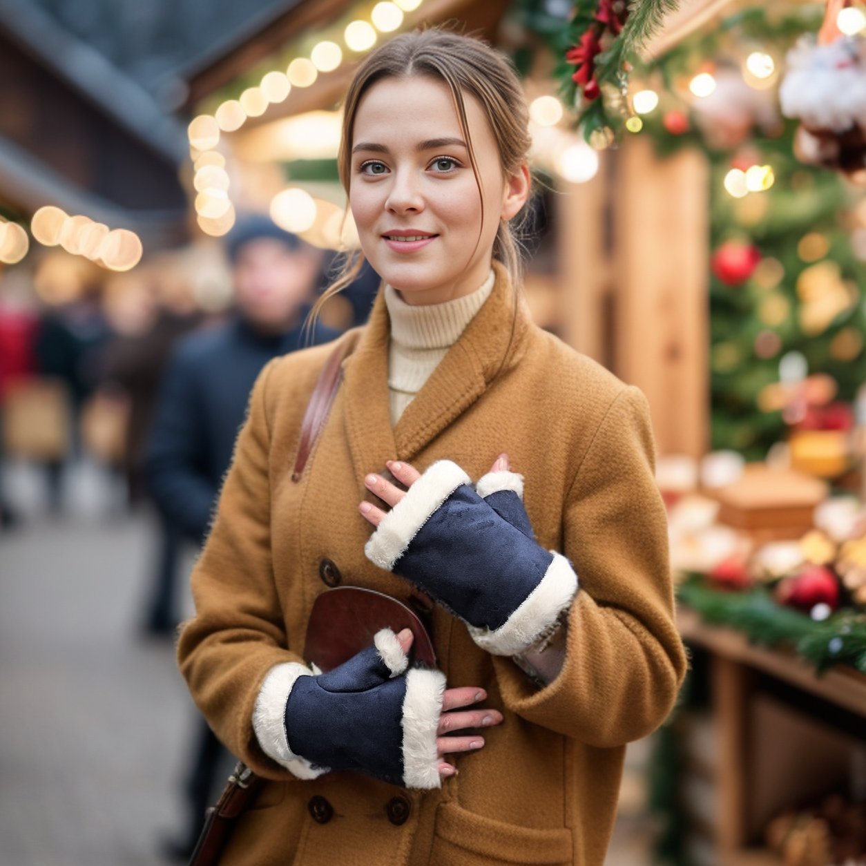 Sheepskin Fingerless Gloves for Women & Men - Soft Warm Winter Gloves, Navy Blue - Perfect for Driving, Typing & Outdoor Activities