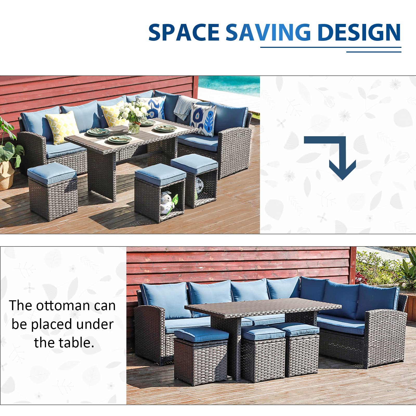 COBANA 7-Piece All-Weather Wicker Patio Furniture Set - Outdoor Sectional Sofa with Dining Table & Chairs - Aegean Blue - Perfect for Backyard, Garden, Poolside & Patio Relaxation