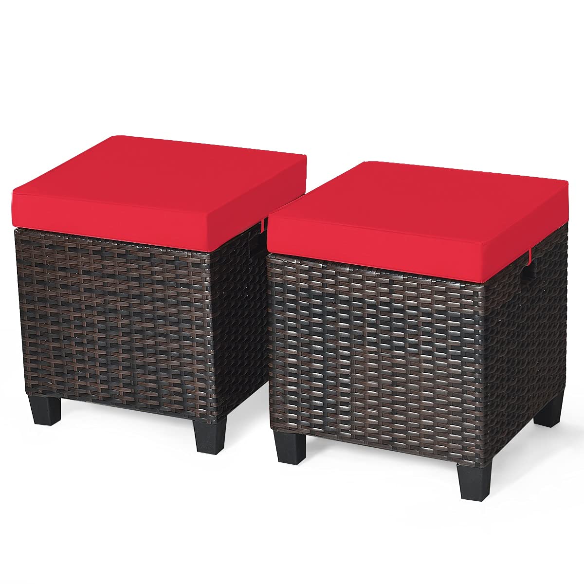 2PCS Rattan Wicker Ottoman Set with Removable Cushions - Patio Footstool & Footrest Seat for Outdoor, Garden, Backyard - Durable Wicker Furniture for Home Decor, Relaxation & Entertaining (Red)
