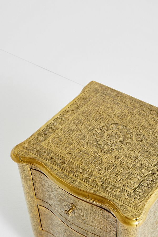 Antique Golden Metal Nightstand with 2 Drawers - Hand Embossed Bedside Table for Bedroom, Living Room & Office - Vintage Style Storage Furniture with Elegant Design