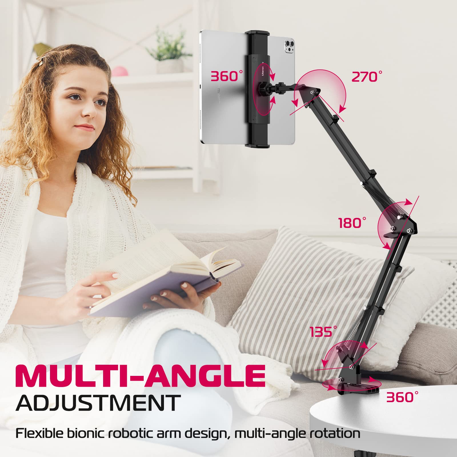 ULANZI T2 Adjustable Tablet Stand Holder - Carbon Steel Desk & Bed Mount for iPad Pro, Air, Mini, Galaxy Tab, iPhone (4.6-12.9 Inch) - Perfect for Watching Movies, Reading & Video Calls