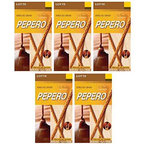 Lotte Pepero Chocolate Sticks - Korean Snack Cookies (5 Pack, Nude Flavor) | Perfect for Office Snacks, Gifts & Tea Time Treats