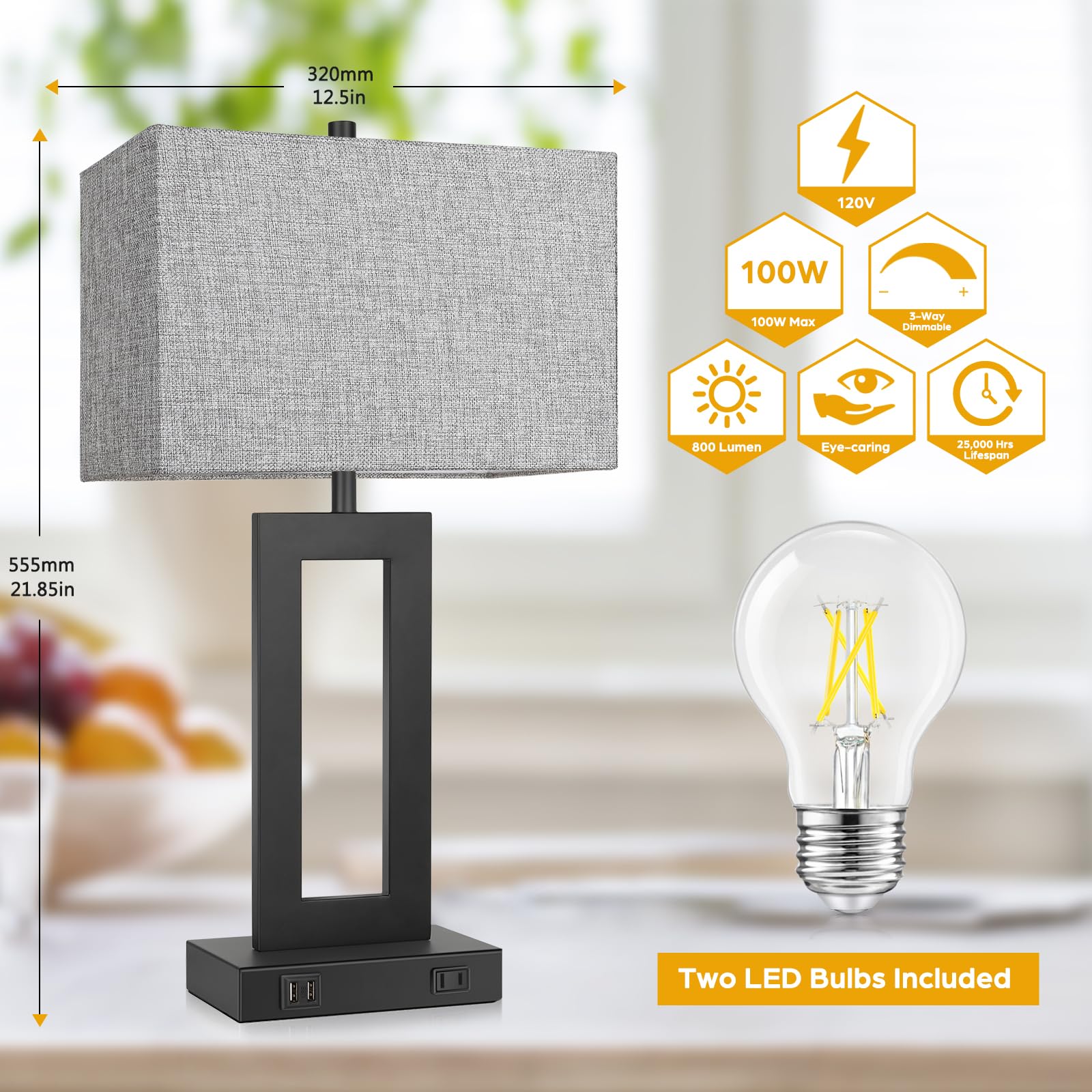 Set of 2 Modern Touch Control Table Lamps with USB Charging Ports - 22