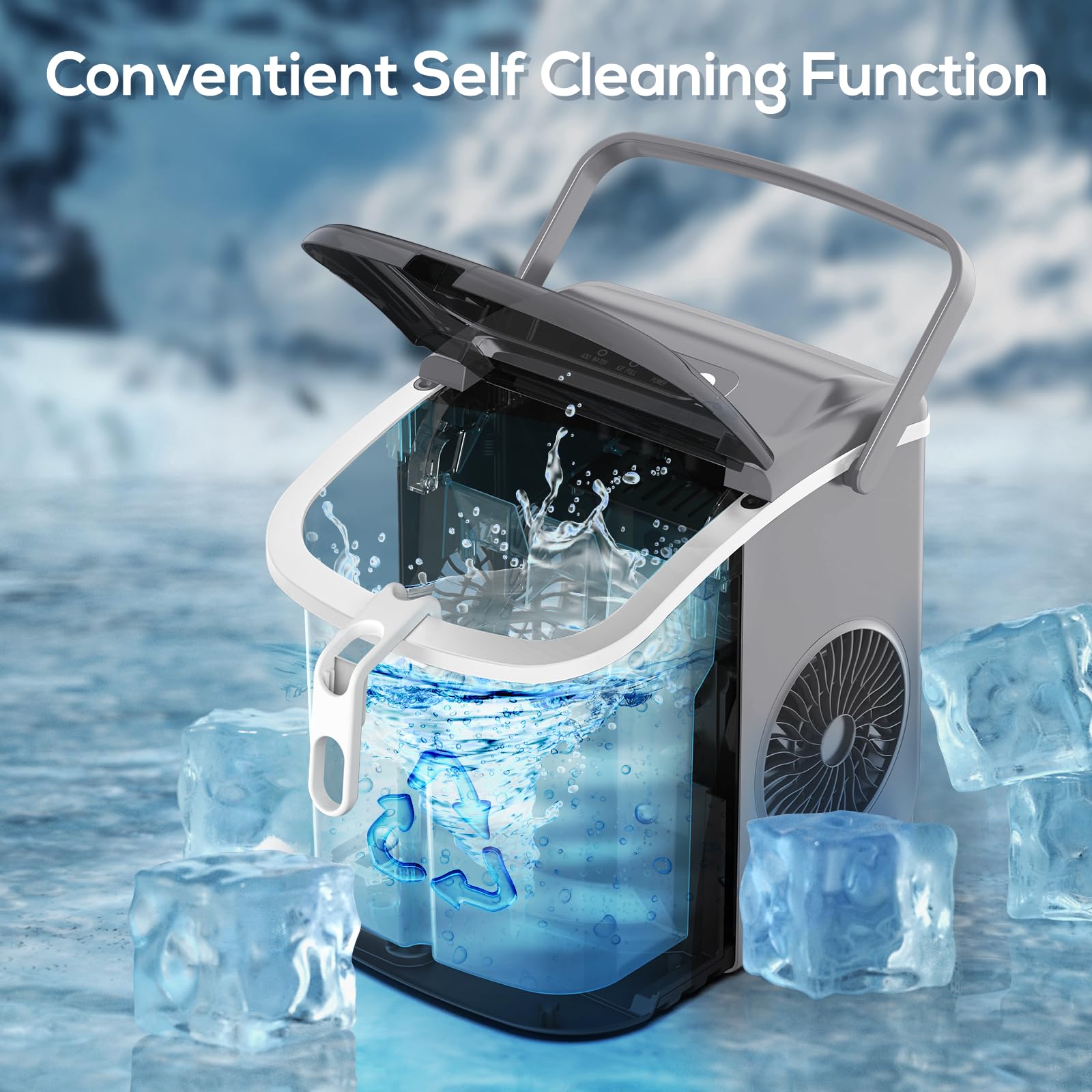 ZAFRO Portable Countertop Ice Maker Machine - 26 lbs Daily, 9 Cubes in 6 Mins, Self-Cleaning with Ice Basket & Scoop - Compact Ice Machine for Home Kitchen, Office, RV, Camping & Outdoor Parties (Grey)