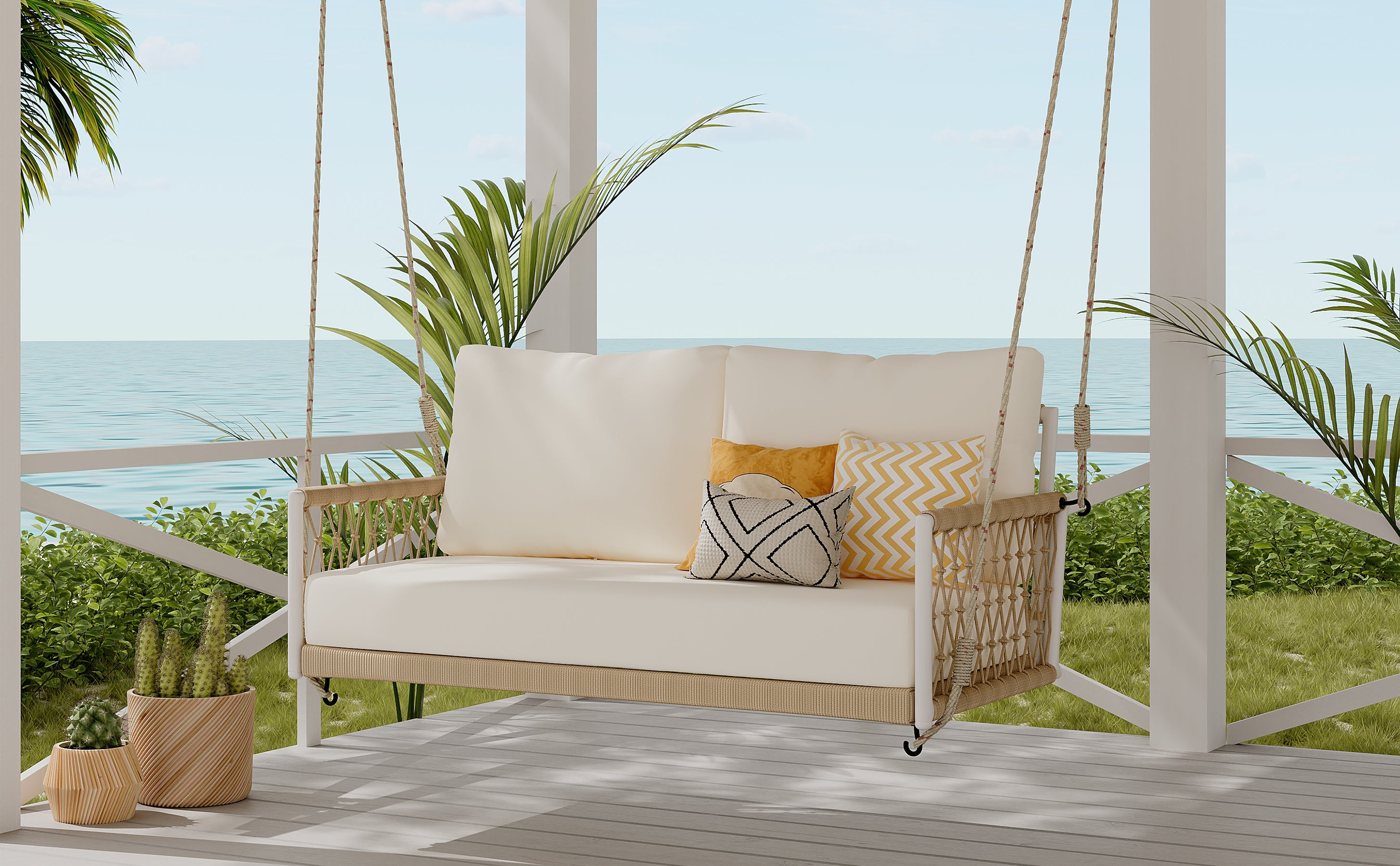1 Piece Woven Rope Outdoor Swing Sofa with Soft Cushions - Seats 2 People - Perfect for Patio, Garden, Backyard, Balcony & Poolside Relaxation (Beige)