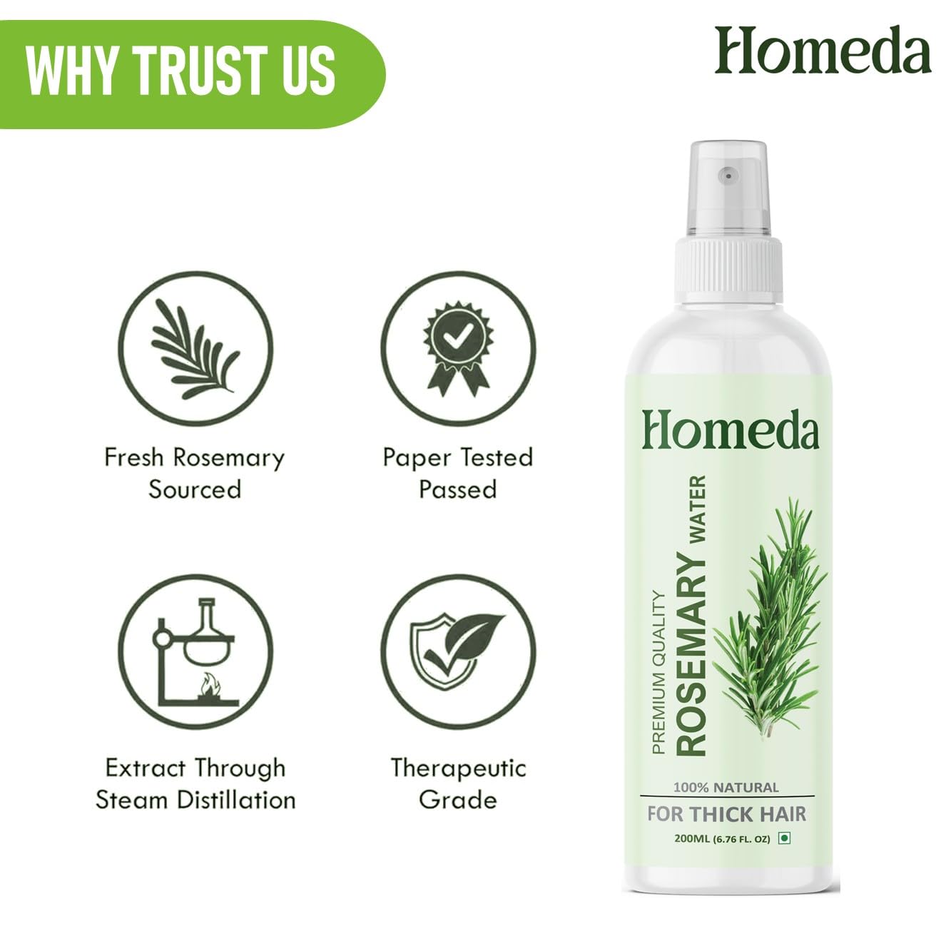 Homeda Rosemary Hair Growth Spray - 100% Pure Natural Rosemary Water for Hair Growth & Scalp Care (400ml) | Hydrating Rose Mary Mist with Spray Bottle | Perfect for Daily Hair Care, Scalp Hydration & Revitalizing Dry Hair