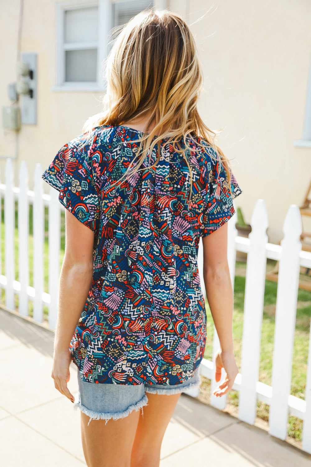 Boho Print Tie Neck Raglan Top - Navy Blue Women's Casual Blouse for Summer Outfits & Beach Vacations