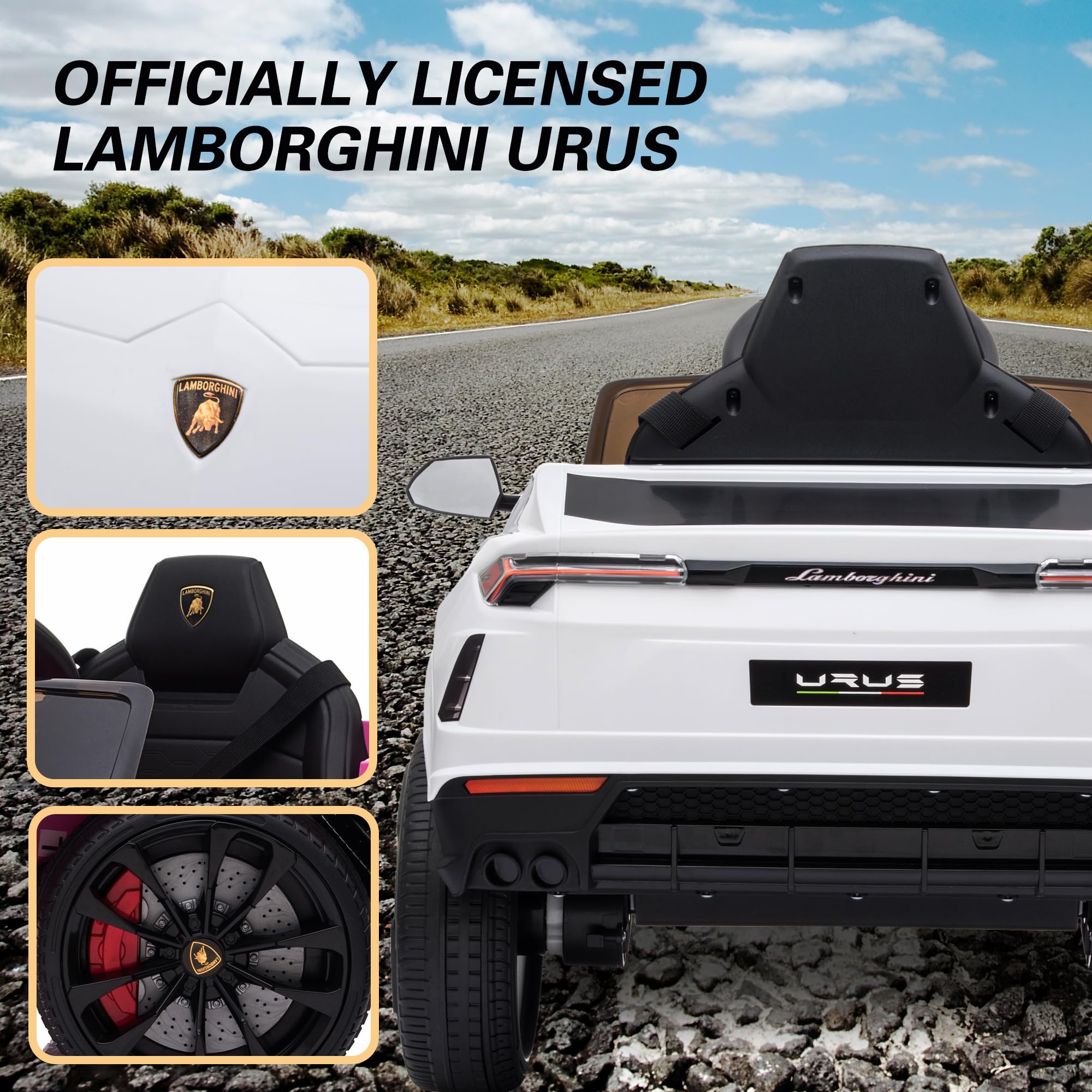 Licensed Lamborghini Urus 12V Electric Ride-On Car for Kids - Remote Control, 2 Speeds, LED Headlights, Music & Aux - Perfect for Birthday Gifts & Outdoor Play (White)