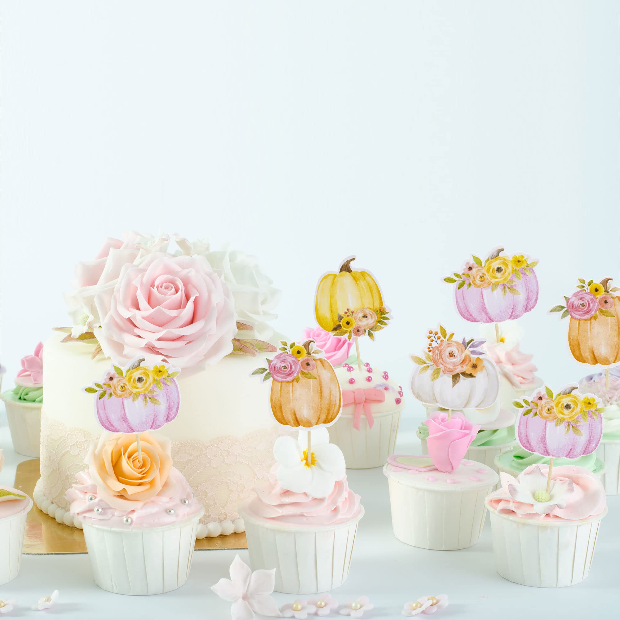 36Pcs Fall Pumpkin Cupcake Toppers - Floral Pumpkin Cake Decorations for Thanksgiving, Baby Shower, Gender Reveal & Girls' Birthday Party | Autumn Harvest Theme Party Supplies
