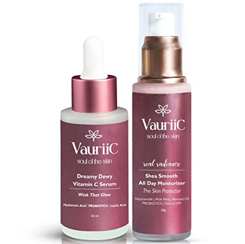 VauriiC Vitamin C Face Serum 40ml & All Day Face Moisturizer Cream 50g - Brightening, Dark Spot Corrector for Glowing Skin | Reduces Wrinkles, Acne Marks & Tan | With Aloe Vera, Niacinamide & Natural SPF | Fragrance-Free Vegan Skincare Set for Men & Women | Perfect for Daily Hydration & Nighttime Repair Routine