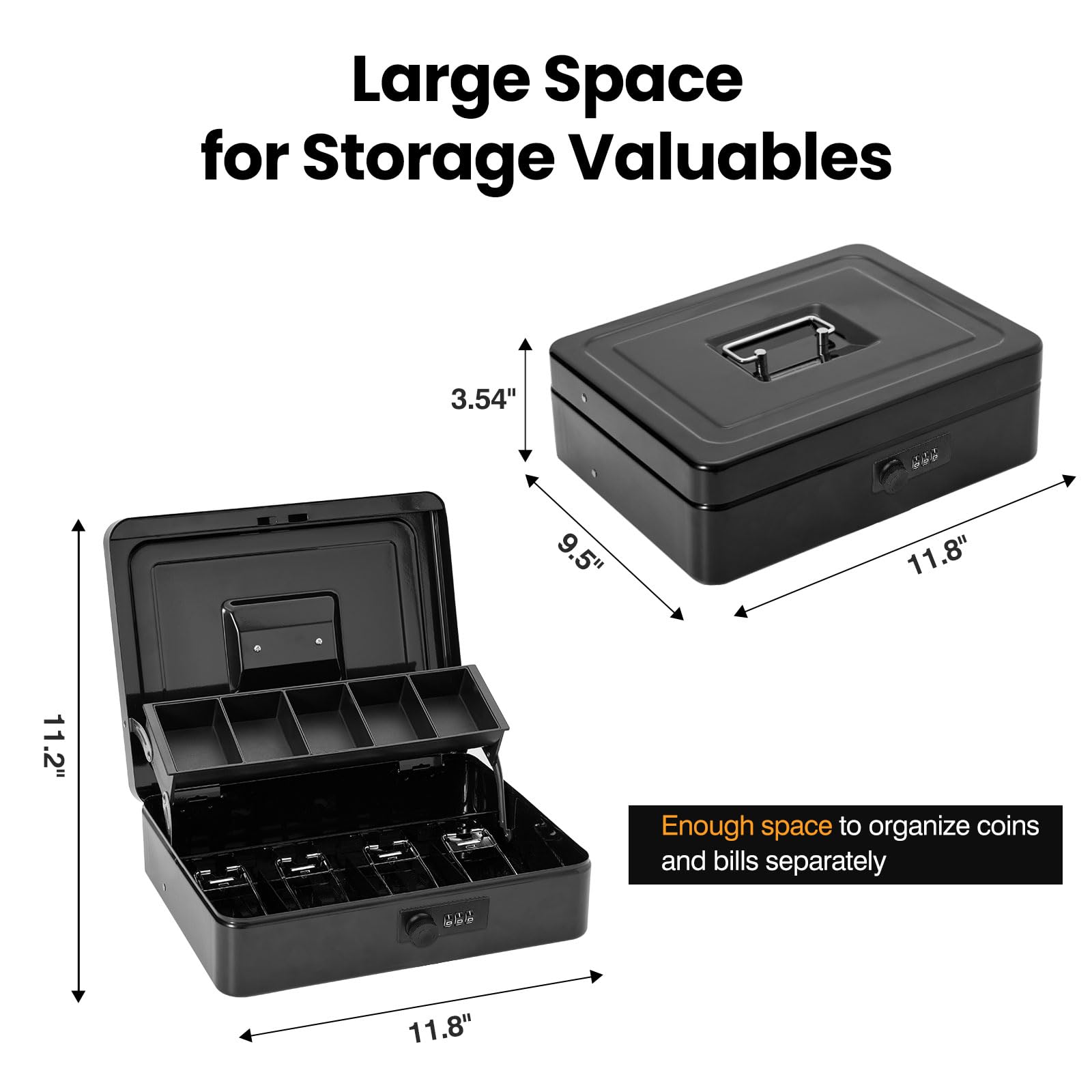 Secure Metal Locking Cash Box with Key & Carry Bag - 4 Bill & 5 Coin Slots, Cantilever Design, Durable Money Safe for Home, Office, or Retail Use - Black Money Saving Organizer