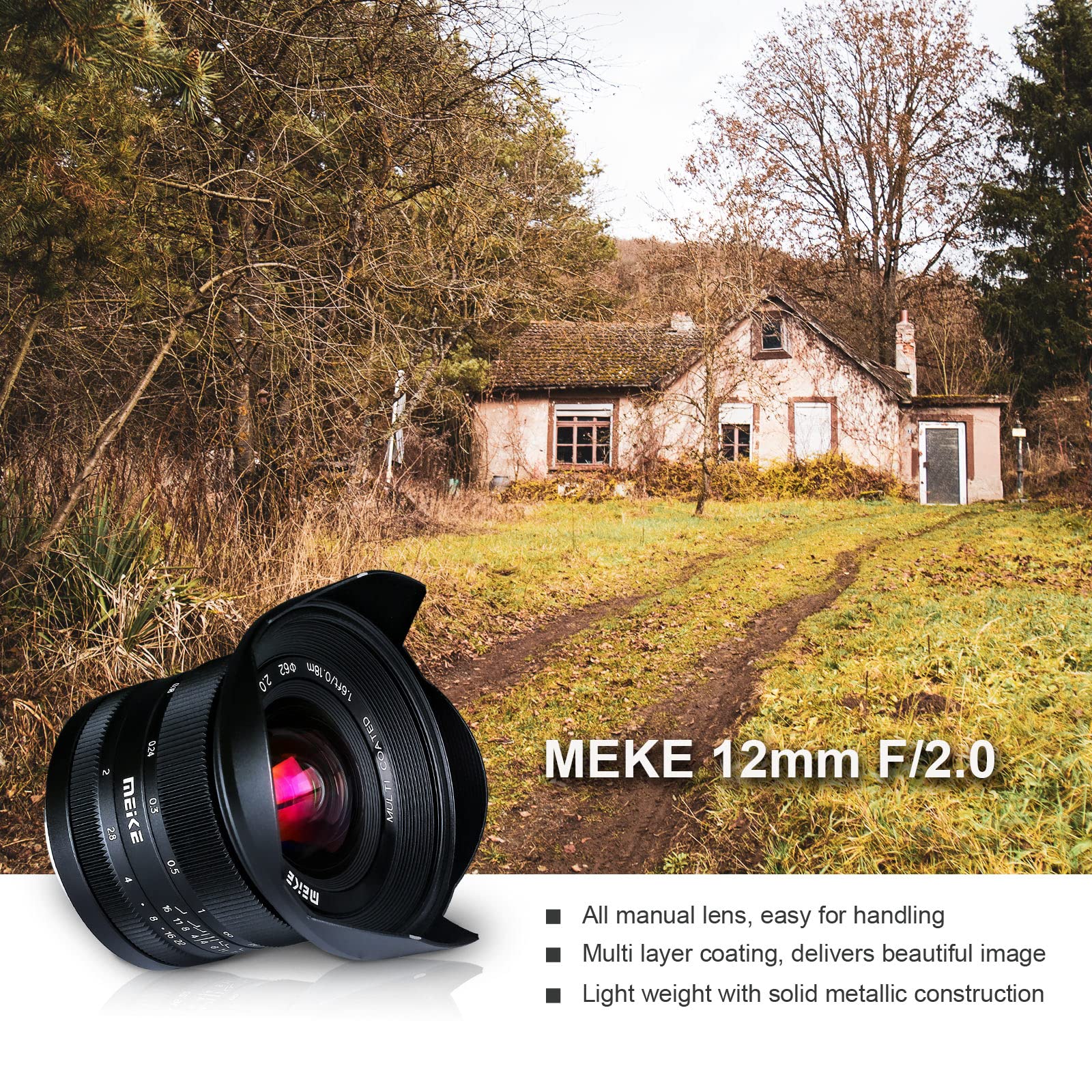 Meike 12mm F2.0 Ultra Wide Angle Manual Focus Lens for Sony E Mount APS-C Mirrorless Cameras - Compatible with NEX 3/5T/6/7, A6000/A6100/A6300/A6400/A6500/A6600 - Perfect for Landscape, Architecture & Astrophotography