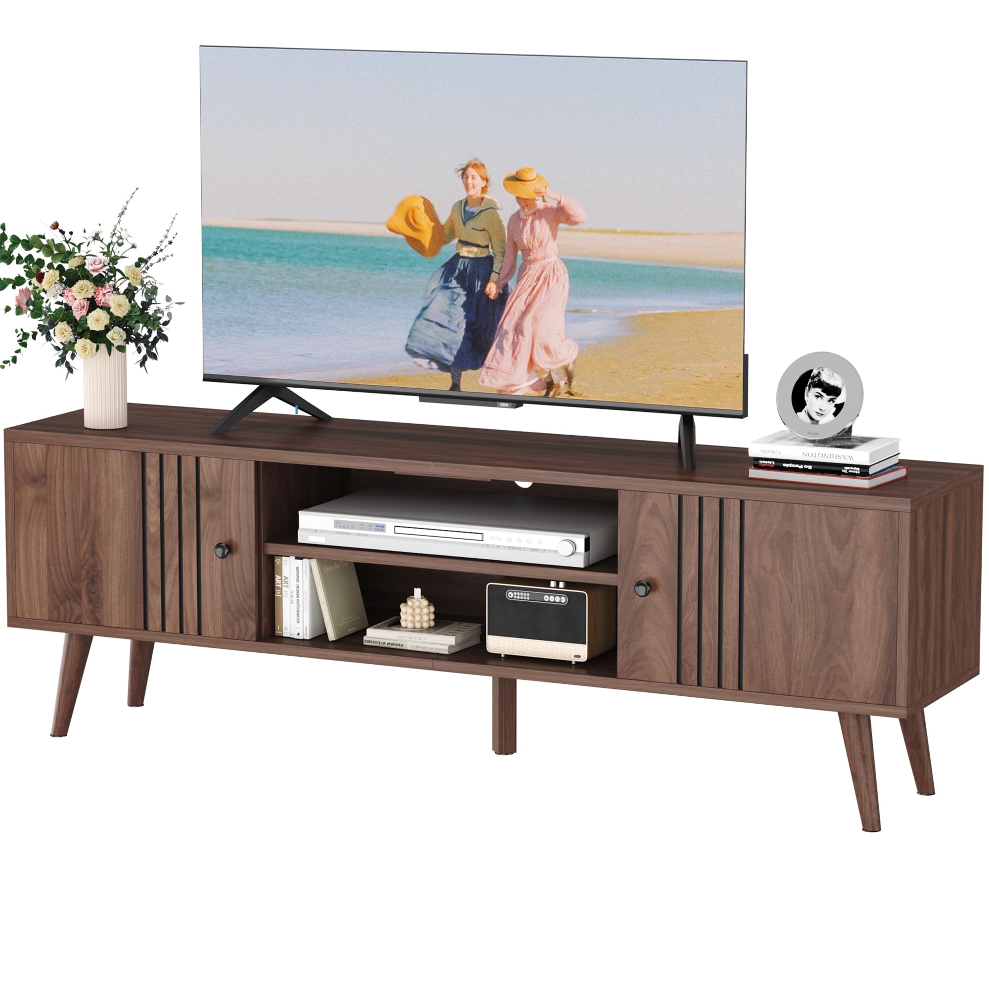 Mid-Century Modern TV Stand for 65/60/55 Inch TVs - Walnut Entertainment Center with Sliding Doors & Storage - Media Console Table for Living Room & Bedroom - Perfect for Home Theater Setup & Stylish Home Decor