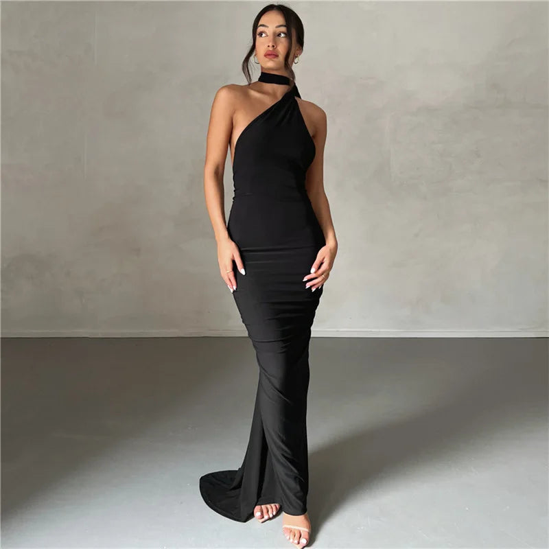 2023 New Fashion Elegant Maxi Dress for Women - Sexy One Shoulder Bodycon Slim Pleated Solid Backless Party Dress | Perfect for Club Nights, Evening Events & Special Occasions