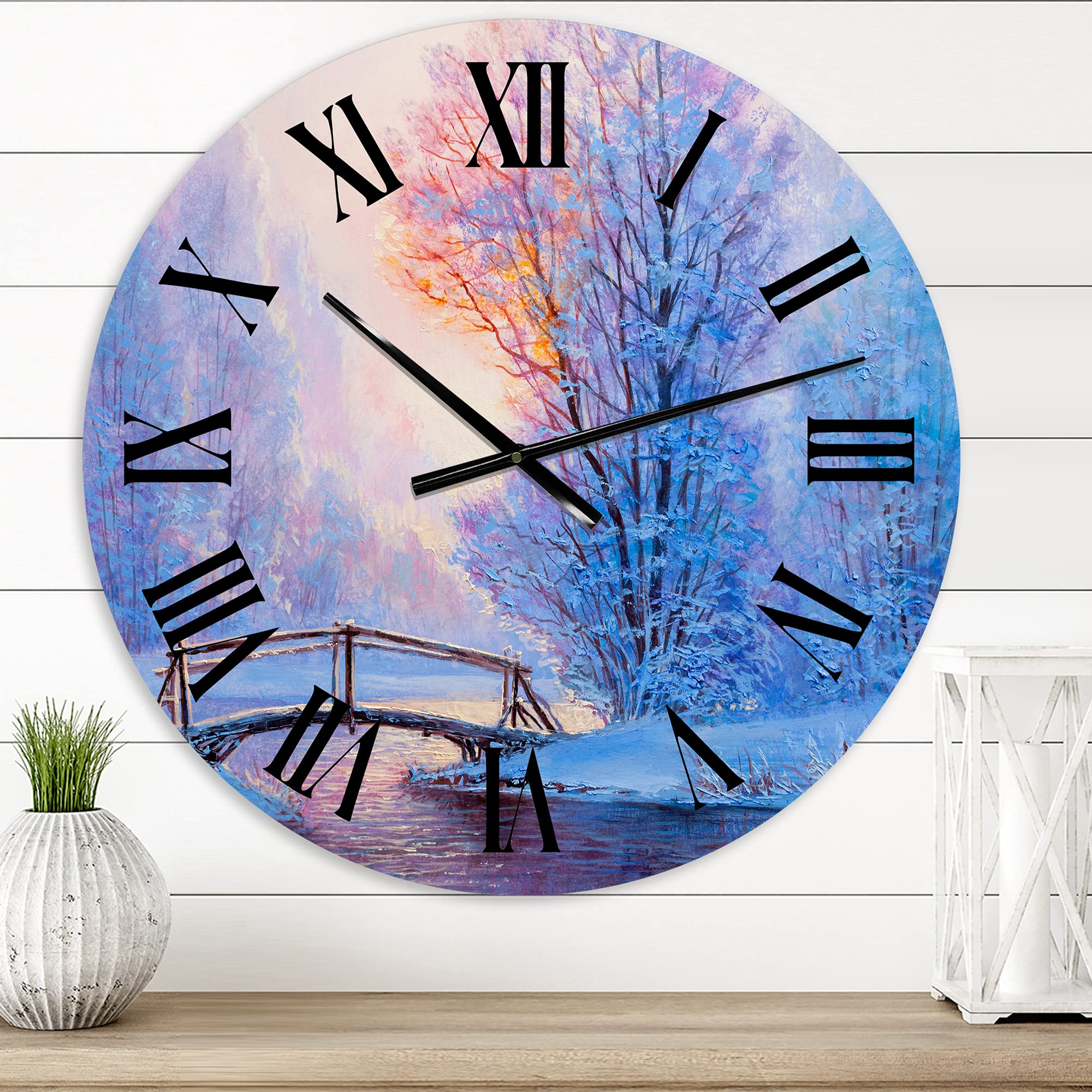 DesignQ Lake House Wall Clock - Winter Landscape with River & Bridge - Large Nature-Themed Clock for Kitchen, Living Room, Bedroom Decor - Perfect for Farmhouse, Rustic & Coastal Home Décor
