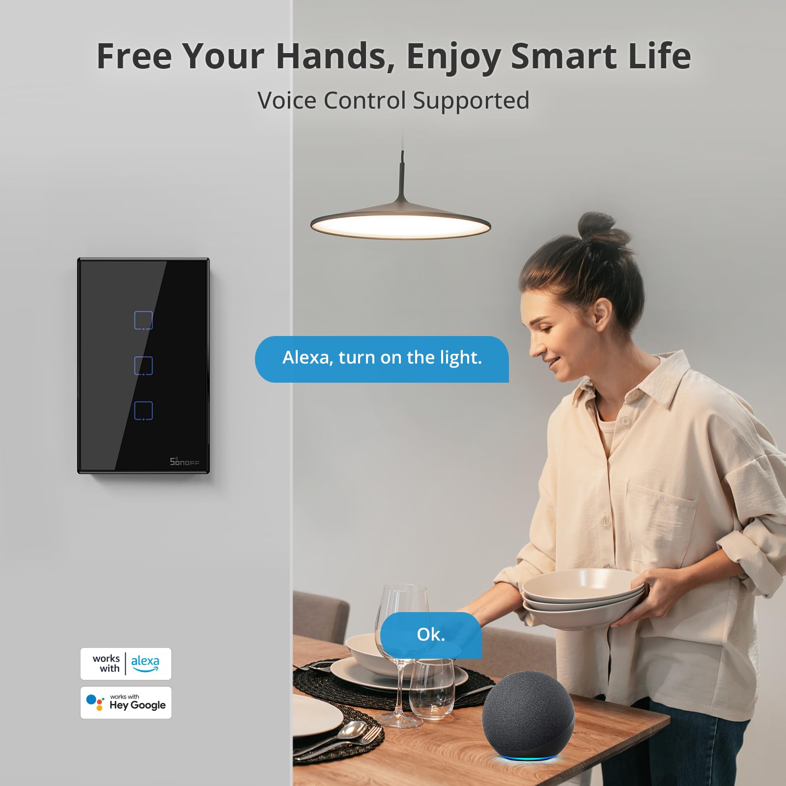 SONOFF Smart Light Switch - 3 Gang 1 Way WiFi Touch Wall Switch (Black) for Home Automation | Works with Alexa & Google Home | 2.4GHz WiFi & RF433 Remote Control | Neutral Wire Required | Perfect for Living Room, Bedroom & Smart Home Lighting Control