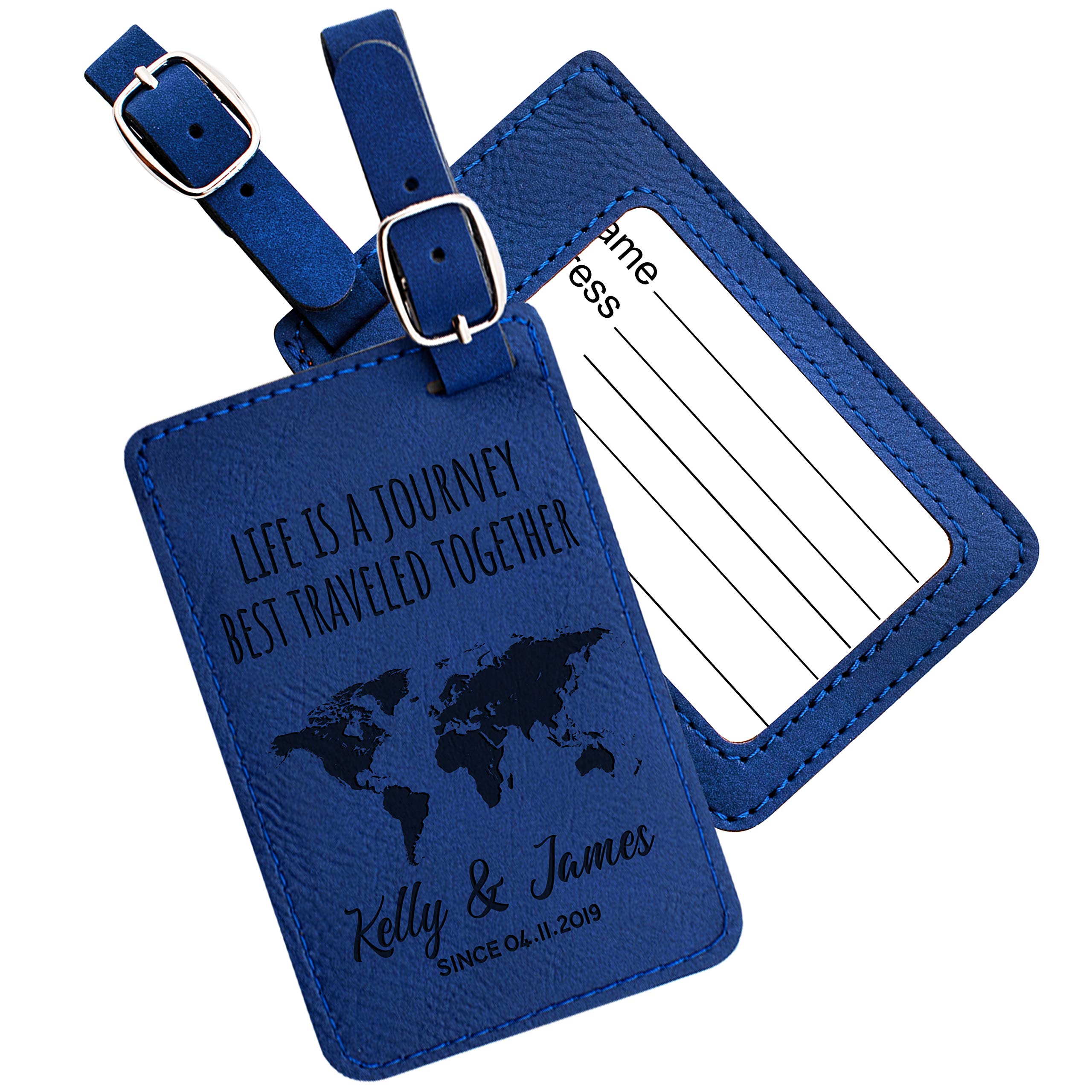 Custom Engraved Leather Luggage Tags - Personalized Travel Gifts for Women, Men & Kids - Unique Suitcase Name Tags for Honeymoon & Business Trips | Perfect Travel Accessories for Frequent Flyers & Vacationers | Blue