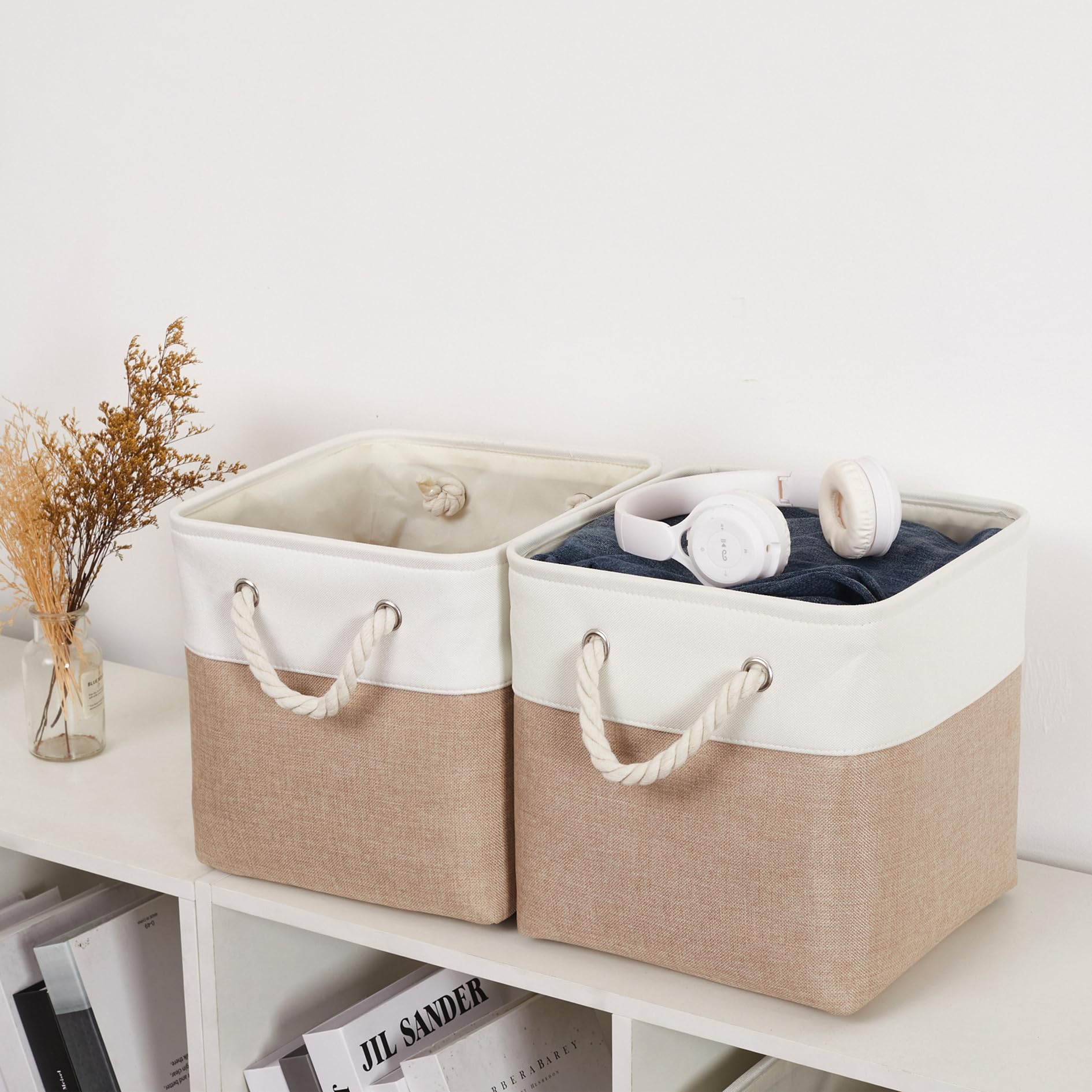 11 x 11 Inch Foldable Storage Cubes - 6 Pack Collapsible Fabric Bins with Handles for Home Organization | Closet, Toy, Clothes & Office Storage Solutions (White & Beige) - Perfect for Bedroom, Playroom & Small Space Organization