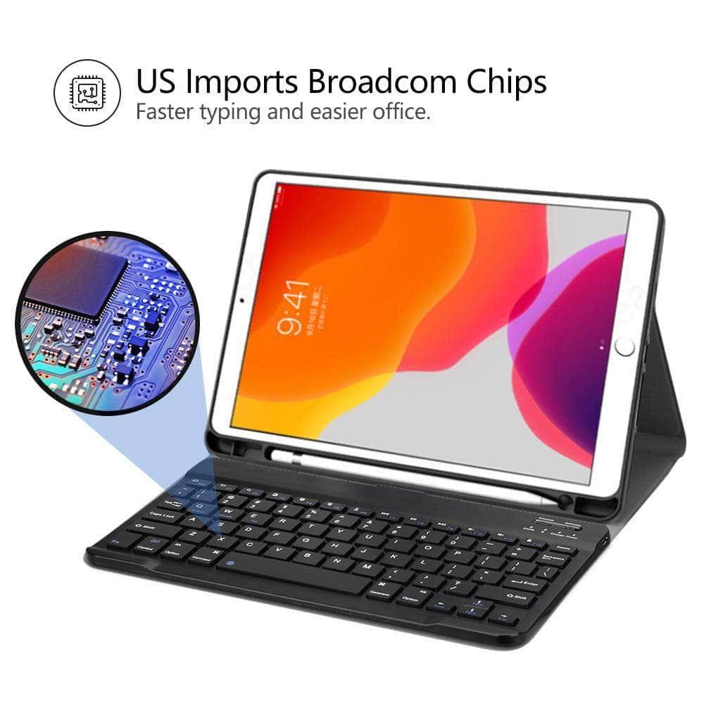 iPad 10.2 2019/2020 (7th & 8th Gen) Premium PU Leather Keyboard Case with Wireless Bluetooth & Apple Pencil Holder - Perfect for Work, Study & Travel