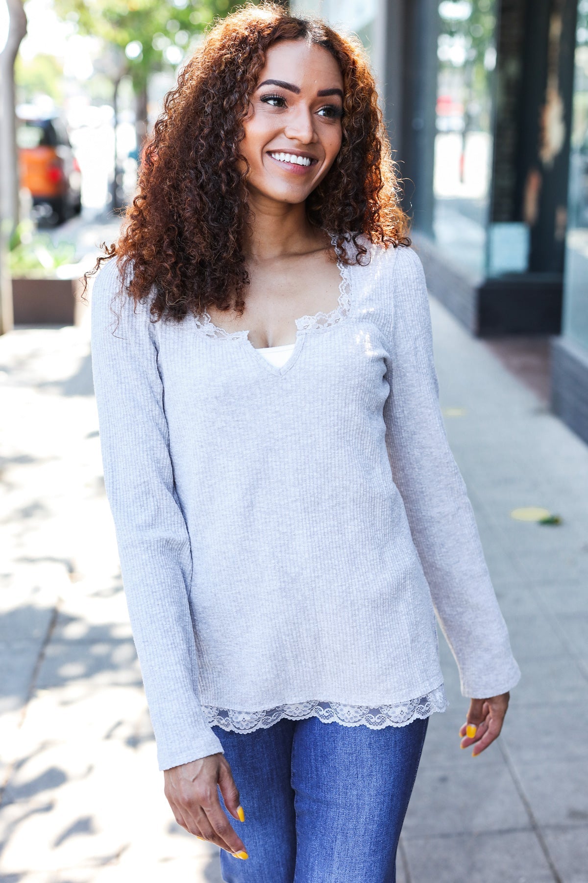 Feels Like Love Grey Lace Trim Ribbed Long Sleeve Top for Women | Elegant Casual Blouse for Date Night & Office Wear