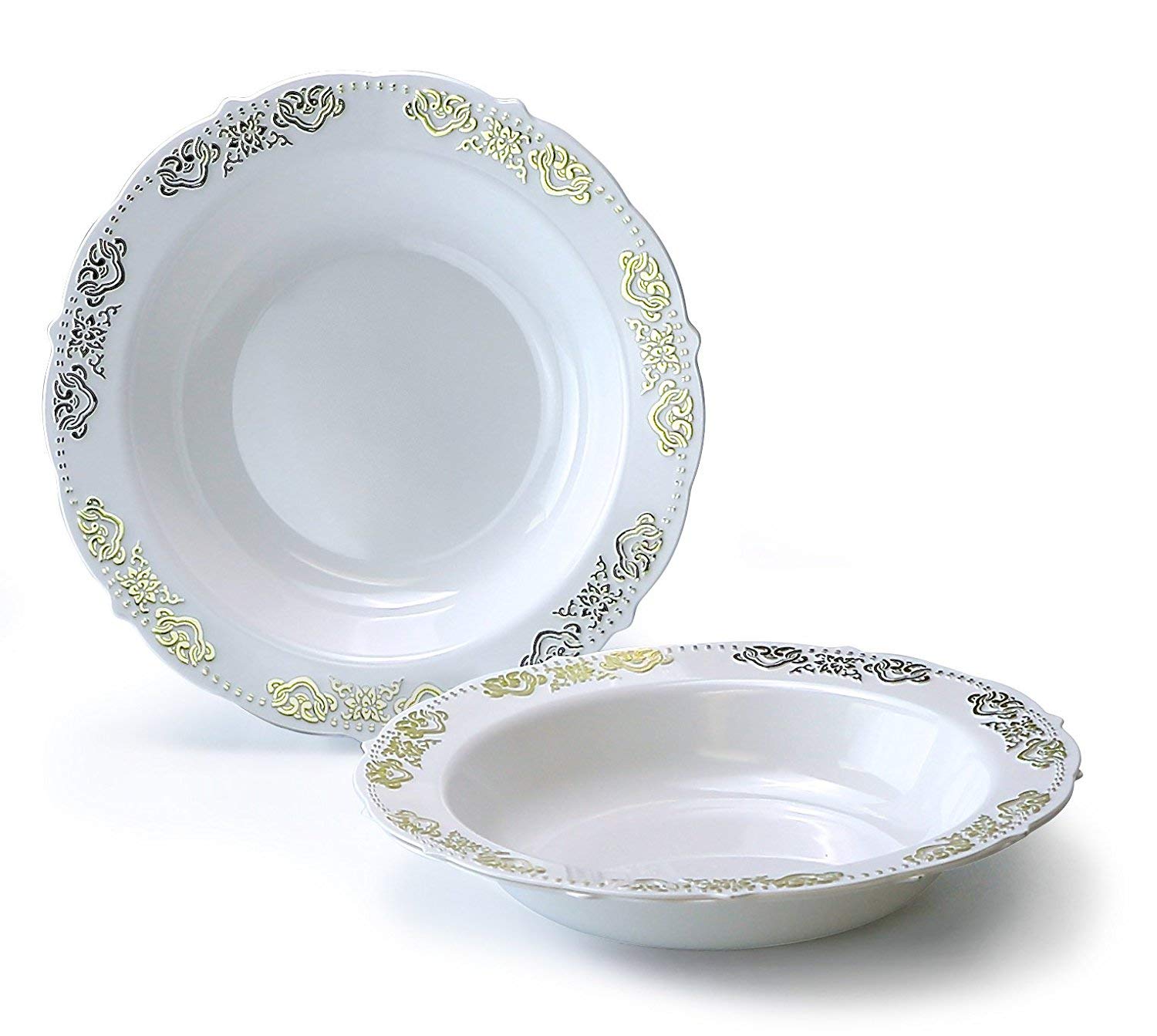 120-Piece Vintage Style Disposable Plastic Plates & Bowls Set - 10 oz Soup Bowls for Weddings & Parties (Portofino White & Gold) - Perfect for Catering, Events & Home Entertaining