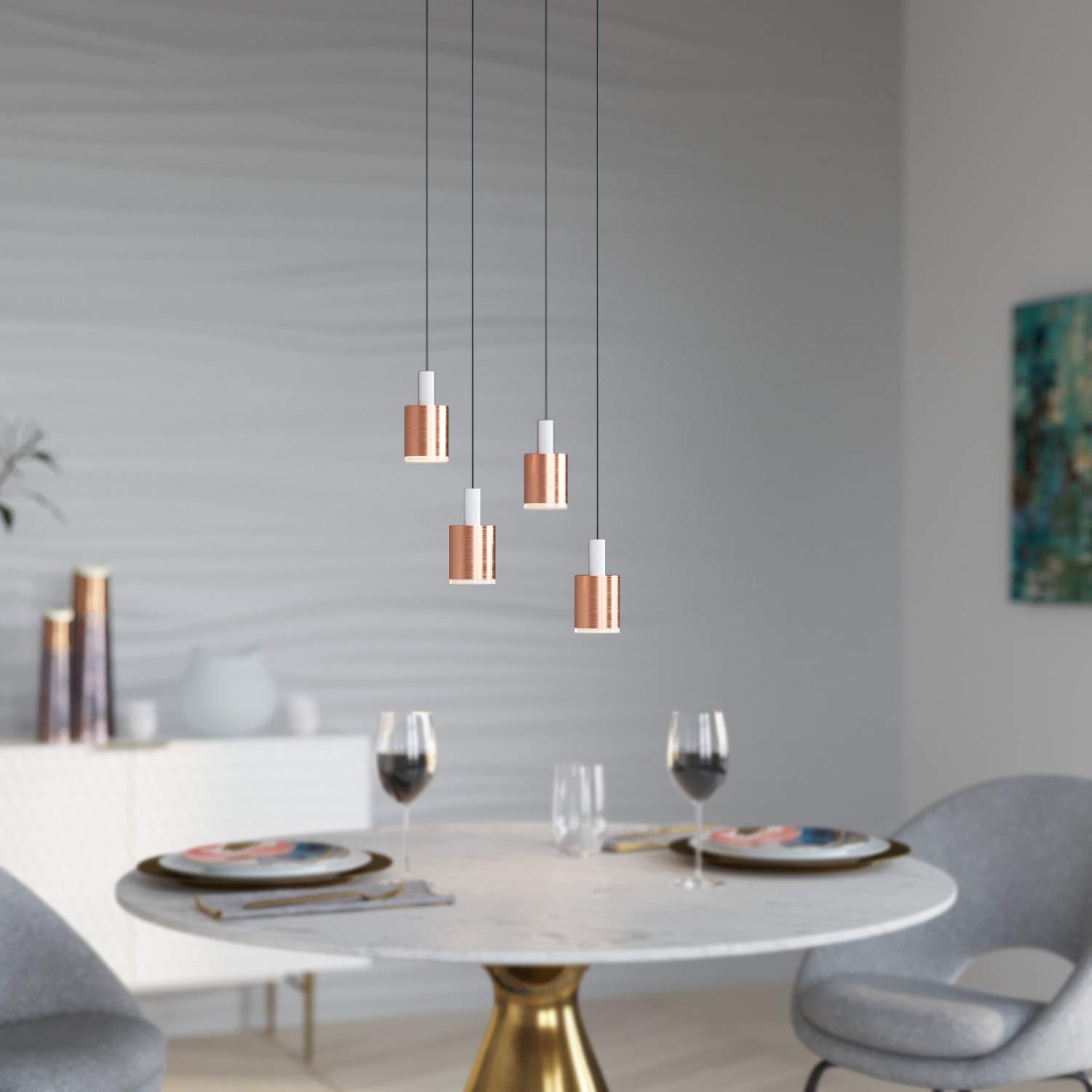 Virgo 4 Mini Pendant Lighting White-Copper - Dimmable LED Hanging Light Fixture with Adjustable Wire & Included Bulb - Perfect for Kitchen Island, Bar Counter, Foyer & Dining Room Decoration