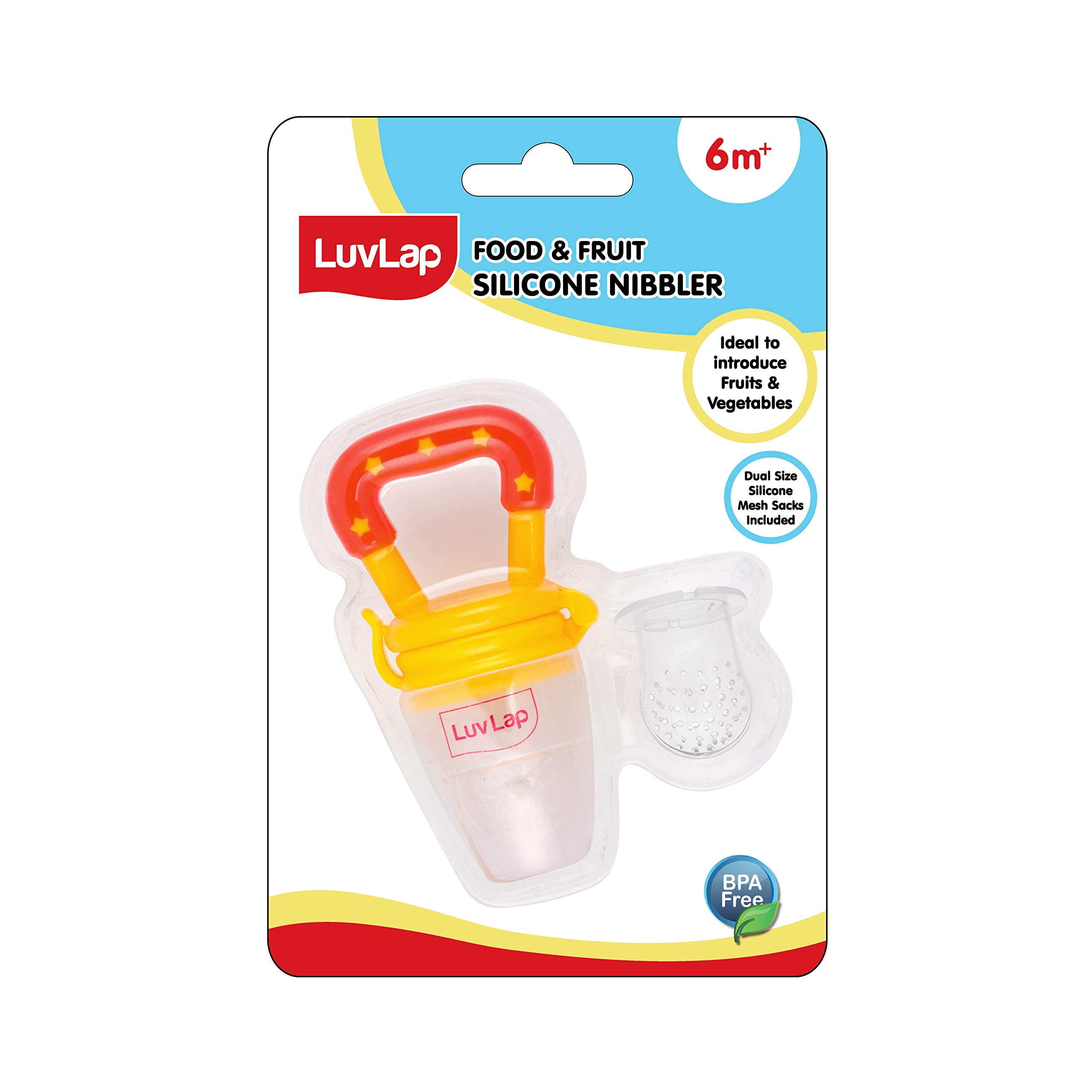 LuvLap Bunny Silicone Baby Food & Fruit Nibbler with Extra Mesh - Soft Pacifier Feeder & Heat Sensitive Feeding Spoons Set (Blue & Yellow) - Perfect for Teething Babies & First Solid Foods - Ideal for Home, Travel & Daycare Use