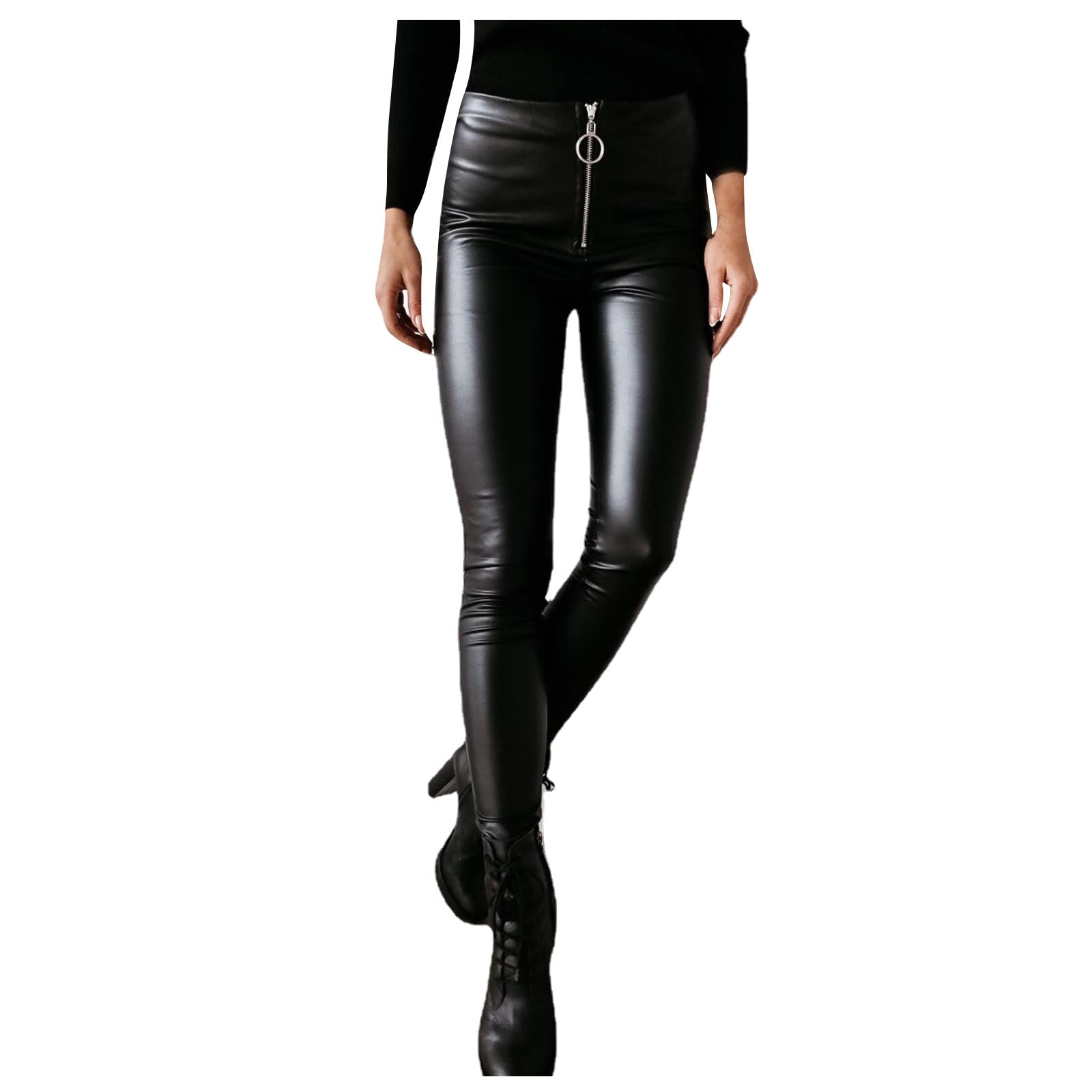 OCLUN Women's High Waist Stretch Leather Pants - Casual Black Straight Leg Trousers with Pockets | Comfortable Loose Fit Leggings for Work, Office & Night Out