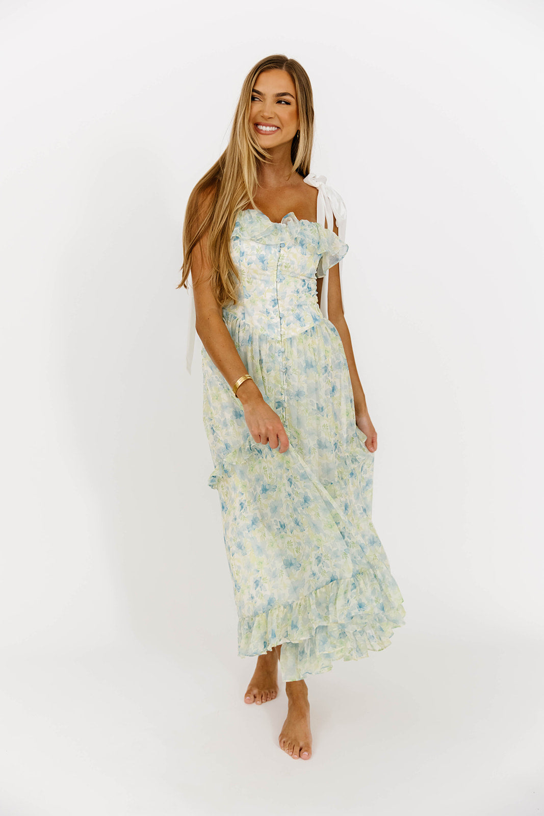Jessica Floral Printed Contrast Shoulder Strap Midi Dress in Blue - Women's Summer Flowy Dress for Beach, Wedding & Casual Outings