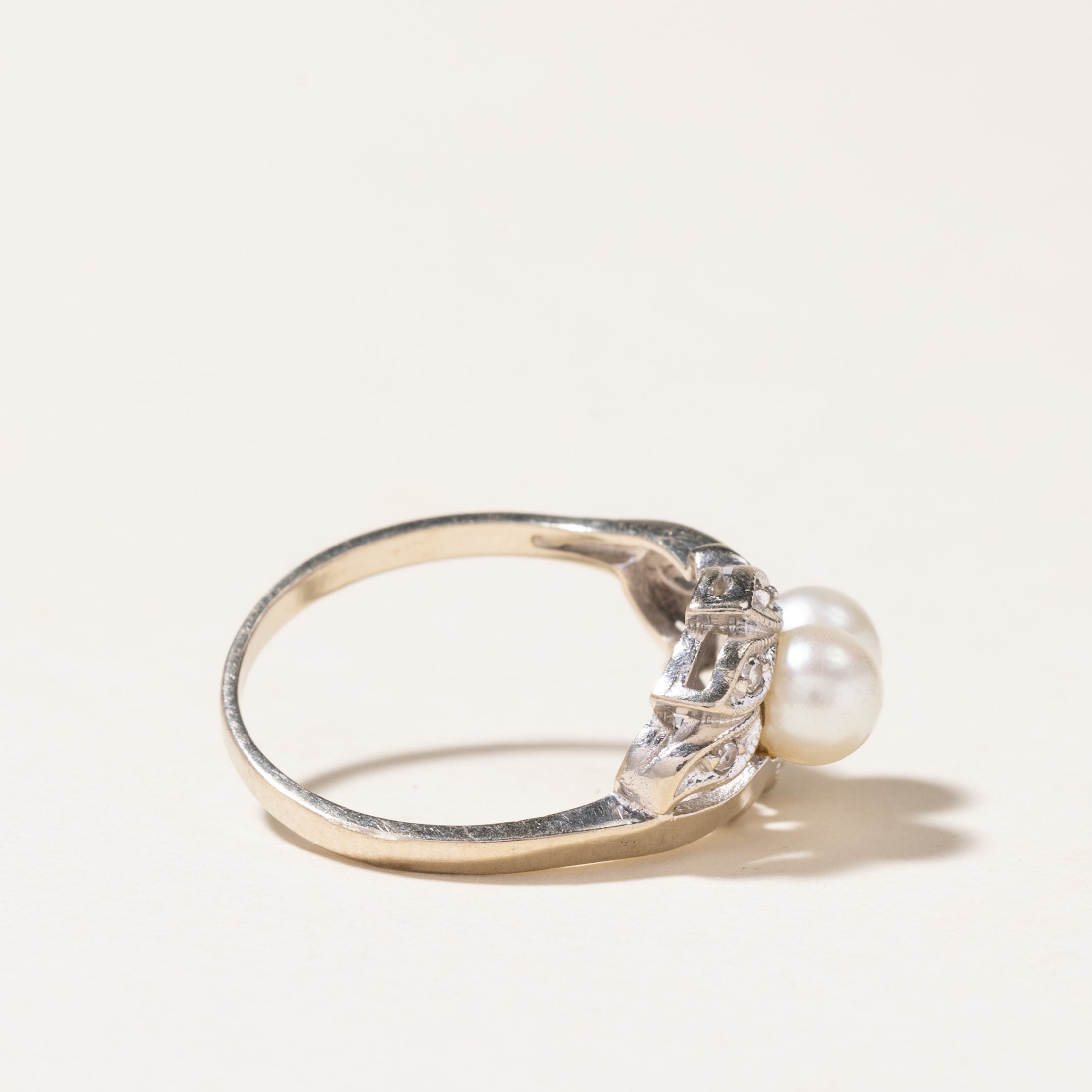 Elegant Pearl & Diamond Leaf Design Ring - 5.30mm, 0.03ctw, Size 7 | Perfect for Weddings, Anniversaries & Special Occasions