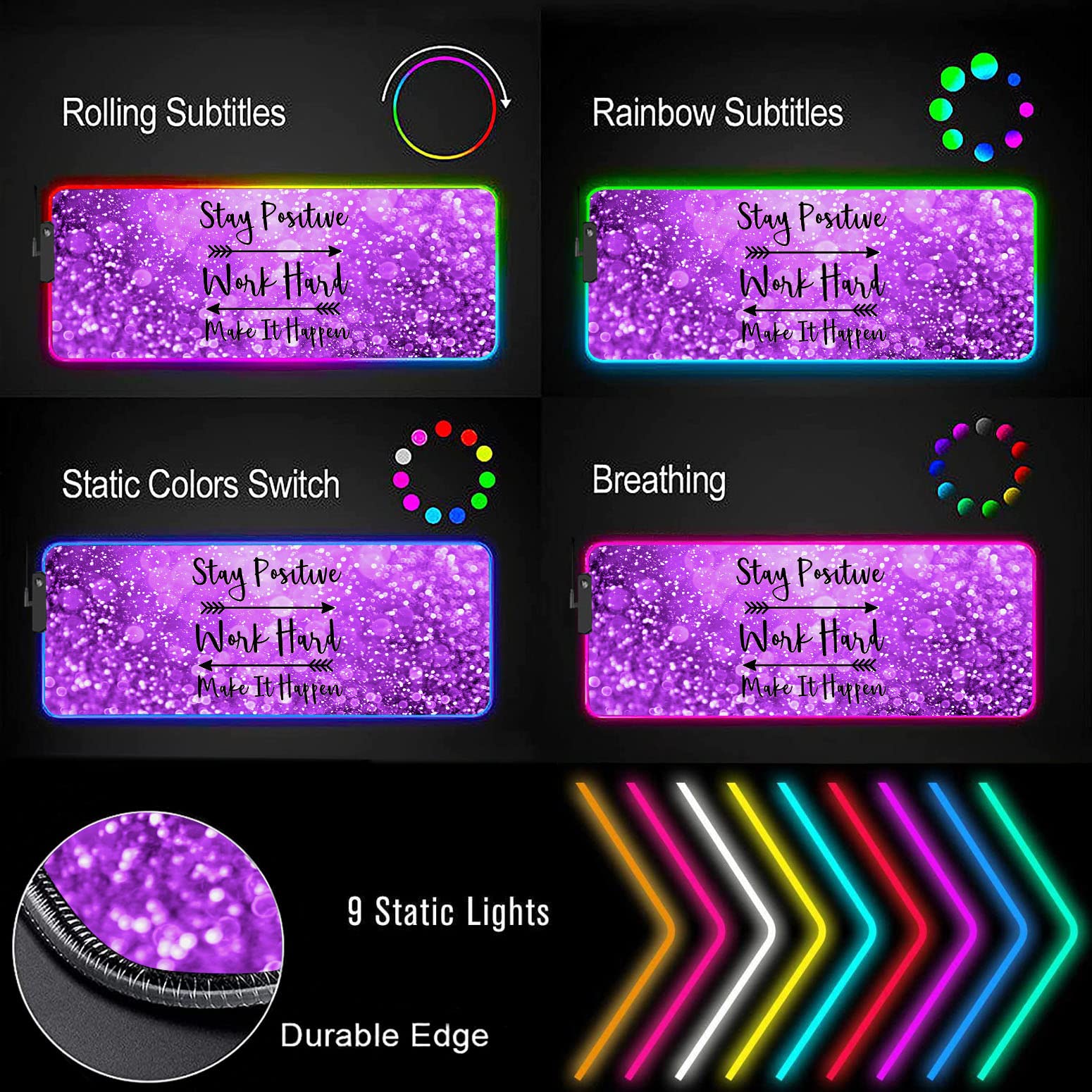 RGB LED Gaming Mouse Pad - Large Non-Slip Desk Mat with Optical Waterproof Surface for PC Gamers | Perfect for Esports, Office Work & Home Computer Setup (Purple)