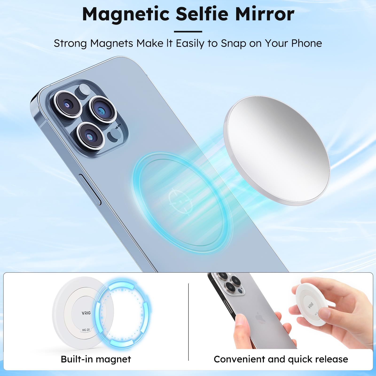 VRIG Magnetic Selfie Mirror for Rear Camera - Convex Phone Mirror Compatible with iPhone 16/15/14/13 Pro Max & All Smartphones | Perfect for Selfies, Video Calls, and Social Media Content Creation