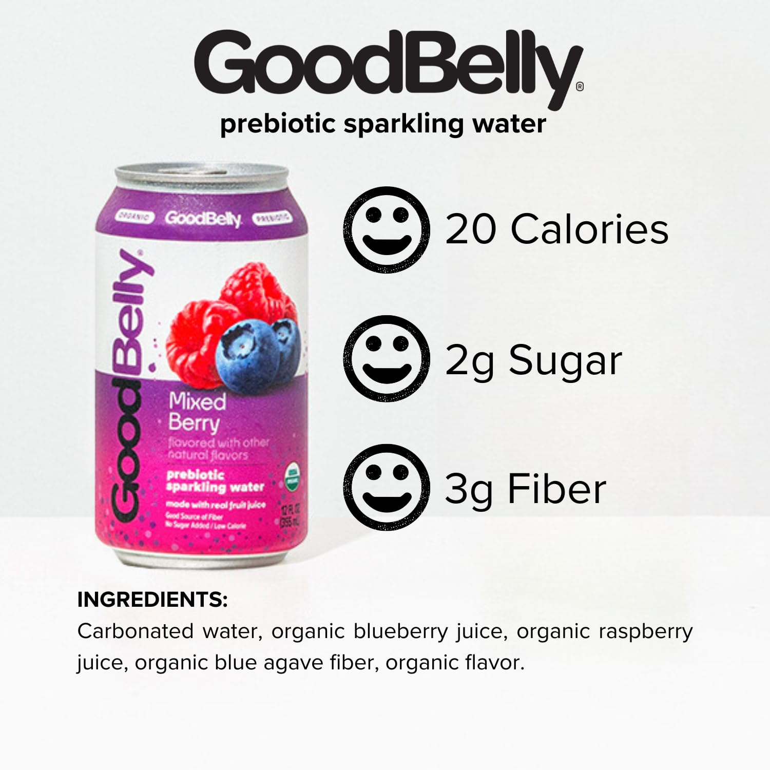 GoodBelly Organic Prebiotic Sparkling Water - Mixed Berry Flavor | Zero Sugar, Low Calorie, Gut Health Support | 4-Pack | Perfect for Hydration & Digestive Wellness at Home or Office