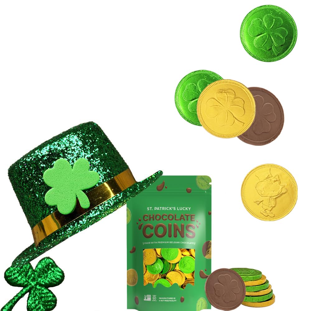 Premium Belgian Nut-Free Milk Chocolate Coins - 2 Pounds Saint Patrick's Day Shamrock Leprechaun Green & Gold Chocolate Coins (Approx. 180 Pieces), Kosher Certified | Perfect for St. Patrick's Day Gifts, Party Favors & Holiday Treats