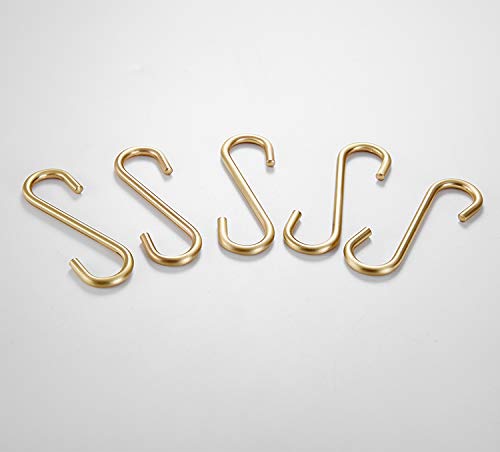21.6 Inch Brass Towel Bar with 5 S-Shaped Hooks - Brushed Gold Bathroom & Kitchen Towel Rack - Perfect for Hanging Towels, Robes, and Kitchen Utensils in Modern Homes