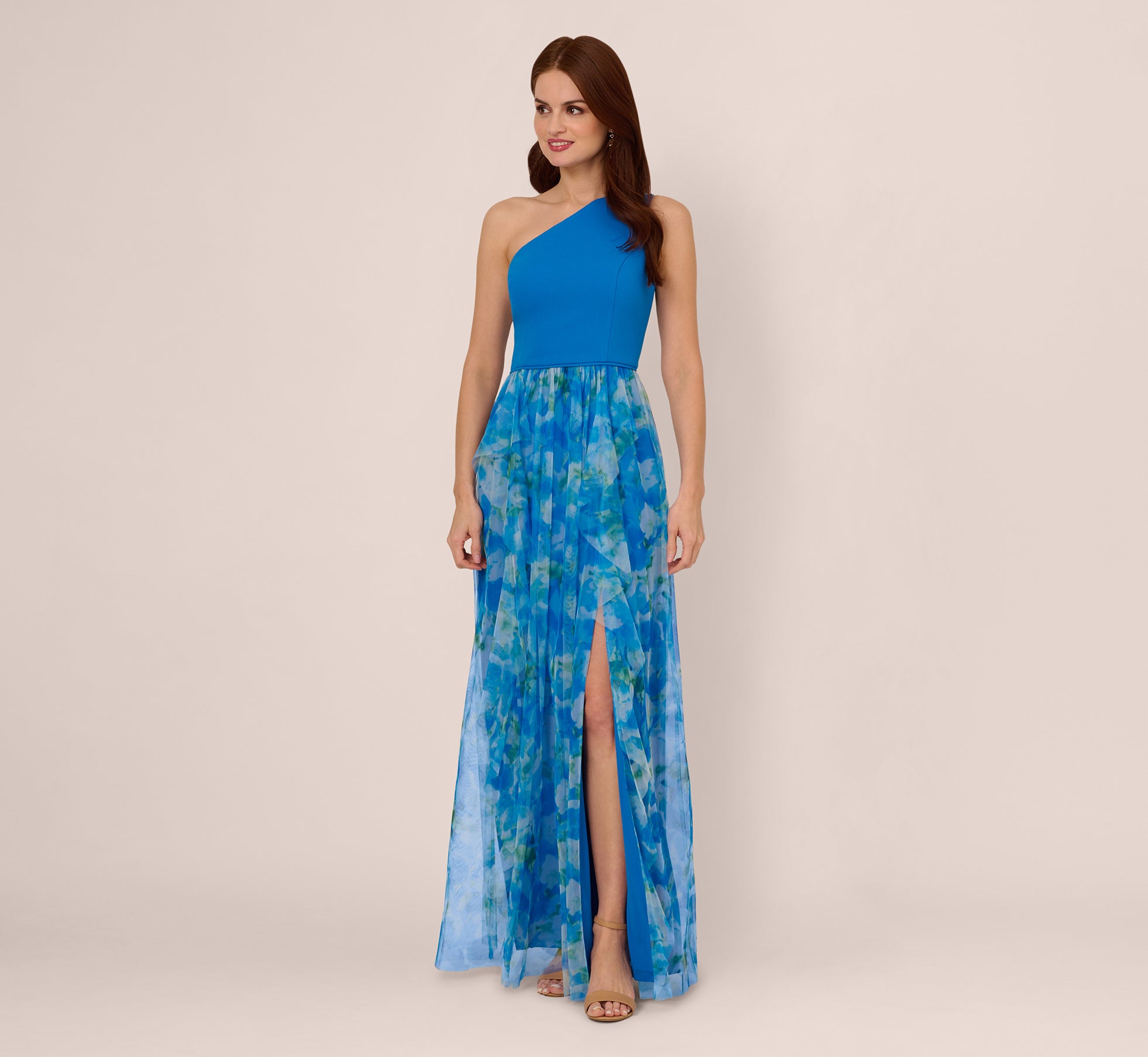 Elegant One Shoulder Watercolor Blue Multi Gown - Perfect for Evening Dresses, Prom, Cocktail Parties & Special Occasions