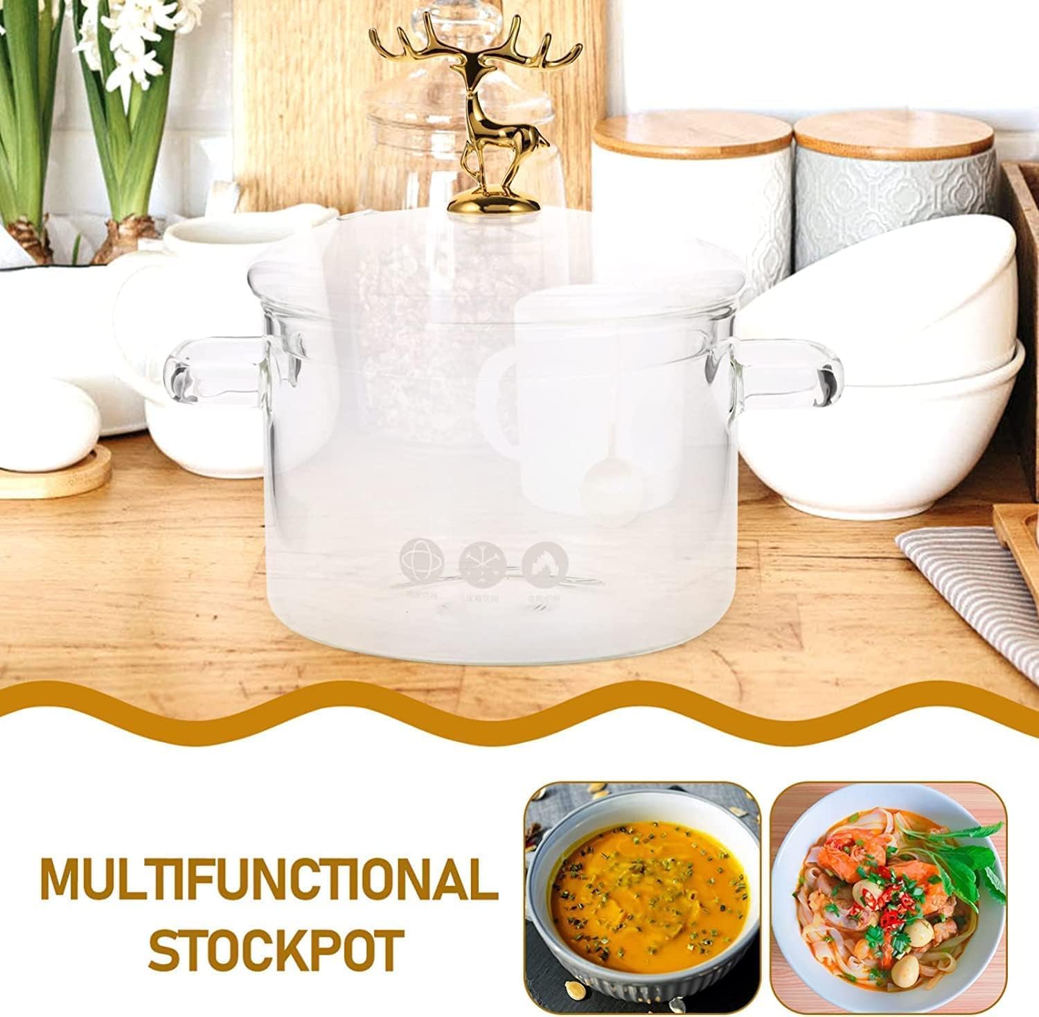 1.4L/44oz Borosilicate Glass Cooking Pot with Deer Lid - Heat Resistant Stovetop Saucepan, Stock Pot & Simmer Pot for Christmas Gifts, Soups, Stews & Holiday Cooking | Clear Glass Cookware for Kitchen & Dining