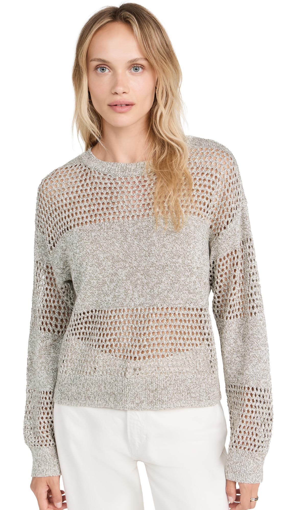 ATM Anthony Thomas Melillo Women's Cotton Linen Blend Open Knit Crew Neck Sweater - Lightweight Summer Pullover for Casual Outings & Beach Cover-Up