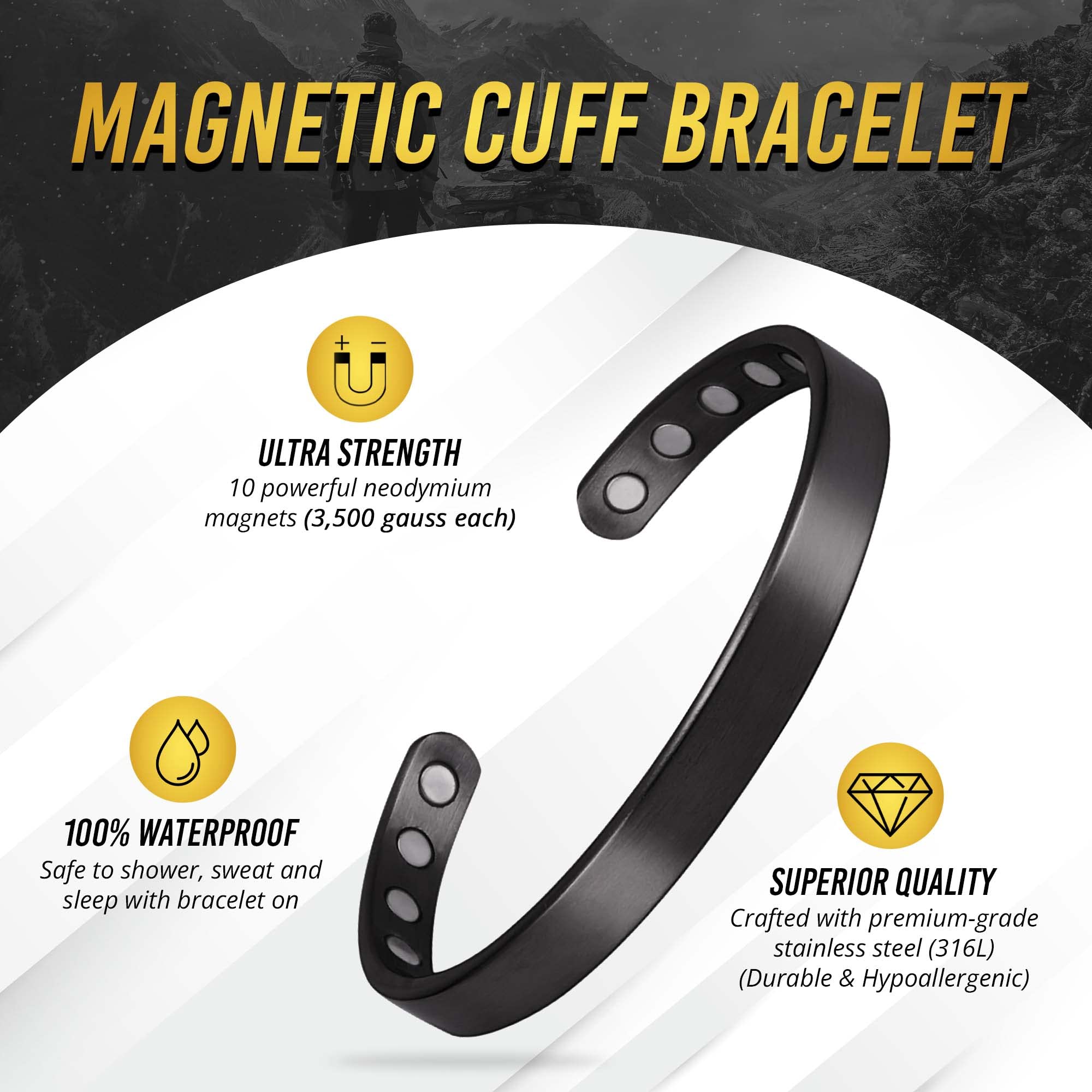 MagnetRX® Magnetic Bracelets for Men - Stylish Bangle for Golf, Tennis & Elbow Pain Relief, Improved Balance & Wellness - Adjustable Cuff Magnetic Bracelet (Black | Medium) - Perfect for Sports, Work & Daily Wear