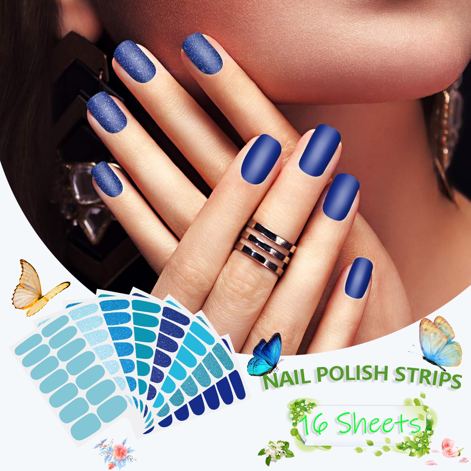 SILPECWEE 8 Sheets Blue Glitter Nail Wraps for Women - Self-Adhesive Gel Nail Polish Strips with Nail File | Easy Manicure at Home, Perfect for Parties, Weddings & Daily Nail Art Designs