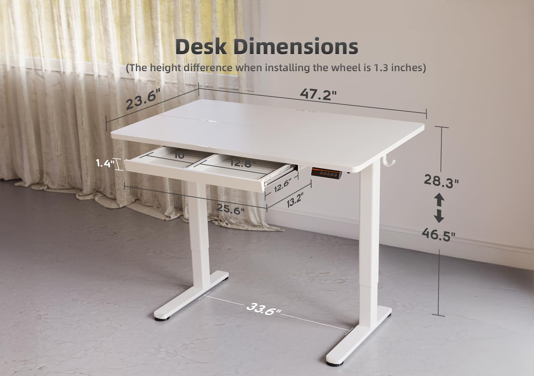 YDN 48 x 24 Inch White Electric Standing Desk with Drawers - Adjustable Height Computer Workstation for Home & Office - Ergonomic Sit Stand Desk for Working, Gaming & Studying