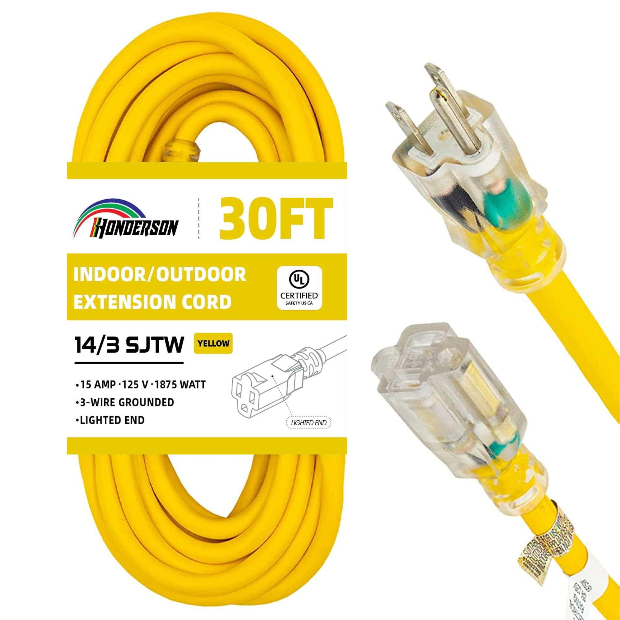 **HONDERSON 30FT Heavy Duty Outdoor Extension Cord - 14 Gauge, 3 Prong, Yellow, UL Listed, Weatherproof with Lighted End - Ideal for Outdoor Lights, Lawn Equipment, and Power Tools**