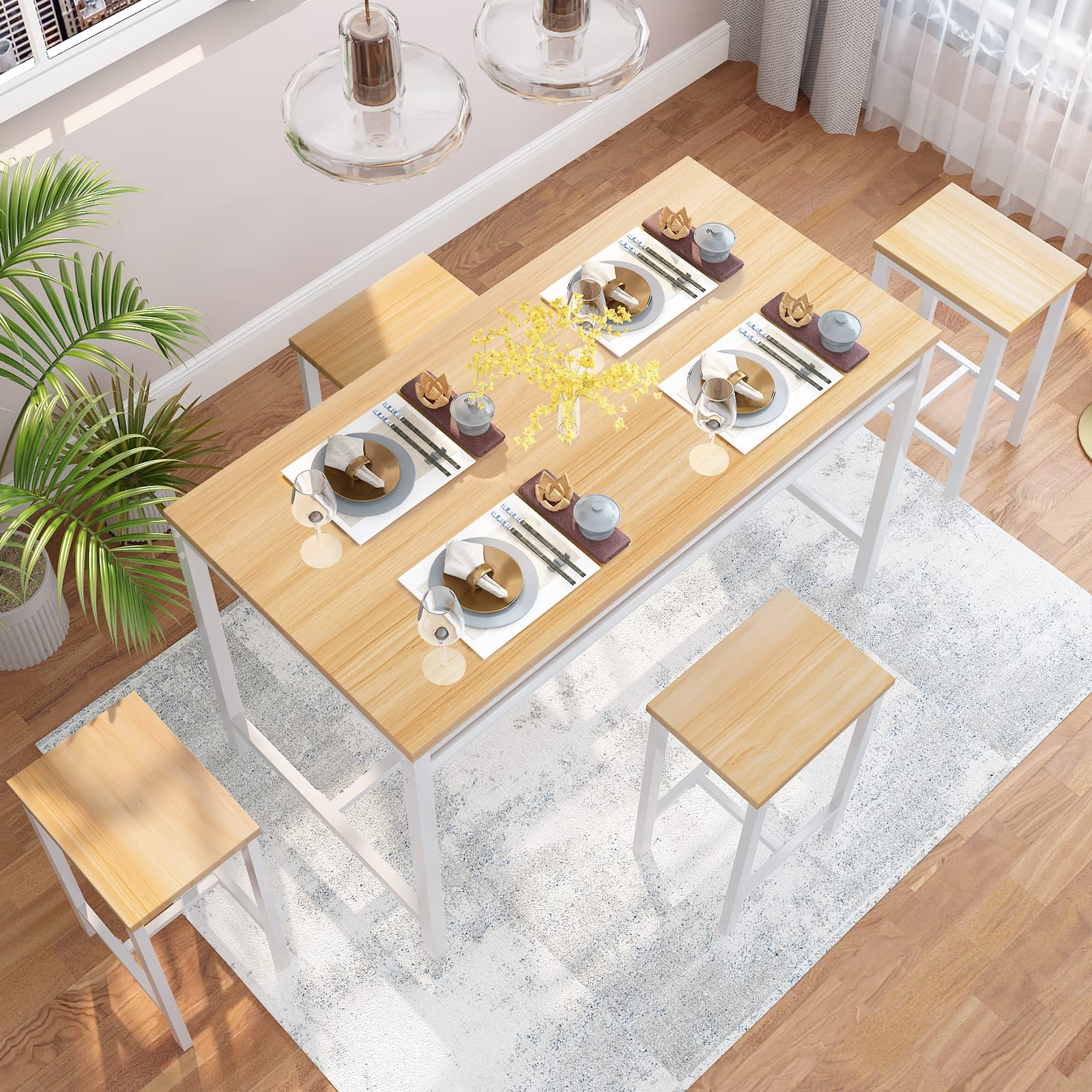 Modern 5-Piece Counter Height Dining Bar Table Set for 4 with 4 Bar Stools - Space-Saving Beige Kitchen & Pub Furniture for Small Apartments, Dining Rooms & Entertaining Areas