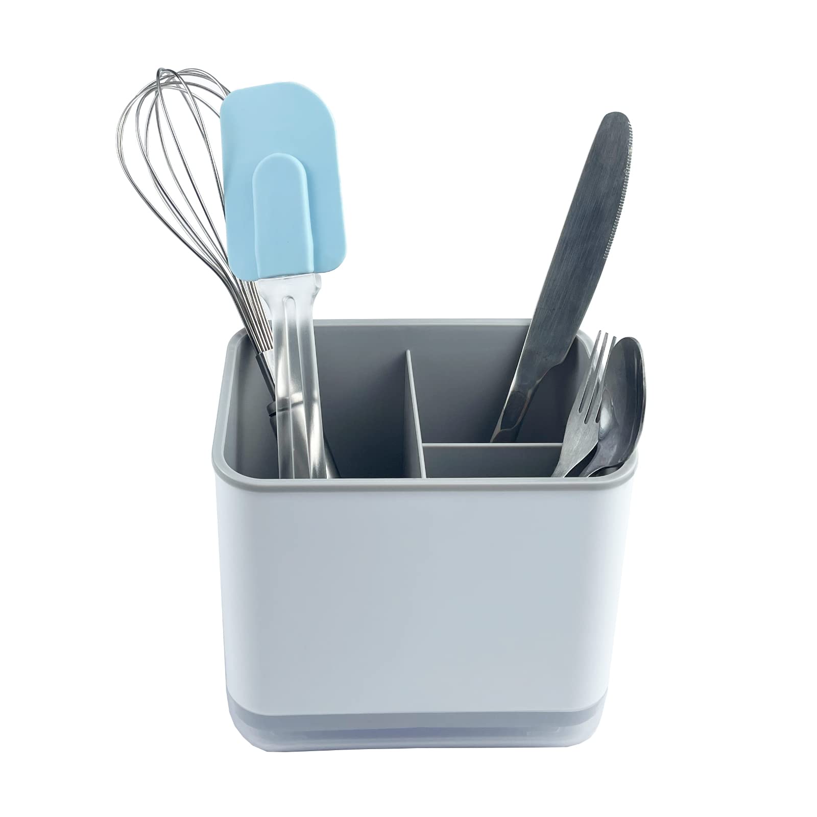 YEUPYL Kitchen Sink Countertop Cutlery Holder - 3 Compartment Flatware Storage Organizer for Spoons, Forks, and Knives with Magnet Storage, Gray & White - Perfect for Kitchen Sink Organization and Utensil Accessibility