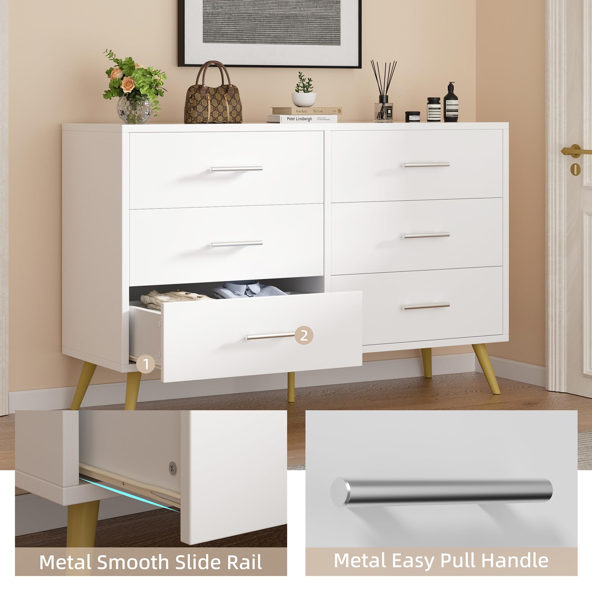 Shintenchi 6-Drawer Dresser - Modern White Storage Cabinet with Wide Chest of Drawers for Bedroom, Living Room & Porch | Spacious Organizer for Clothes, Toys & Home Essentials