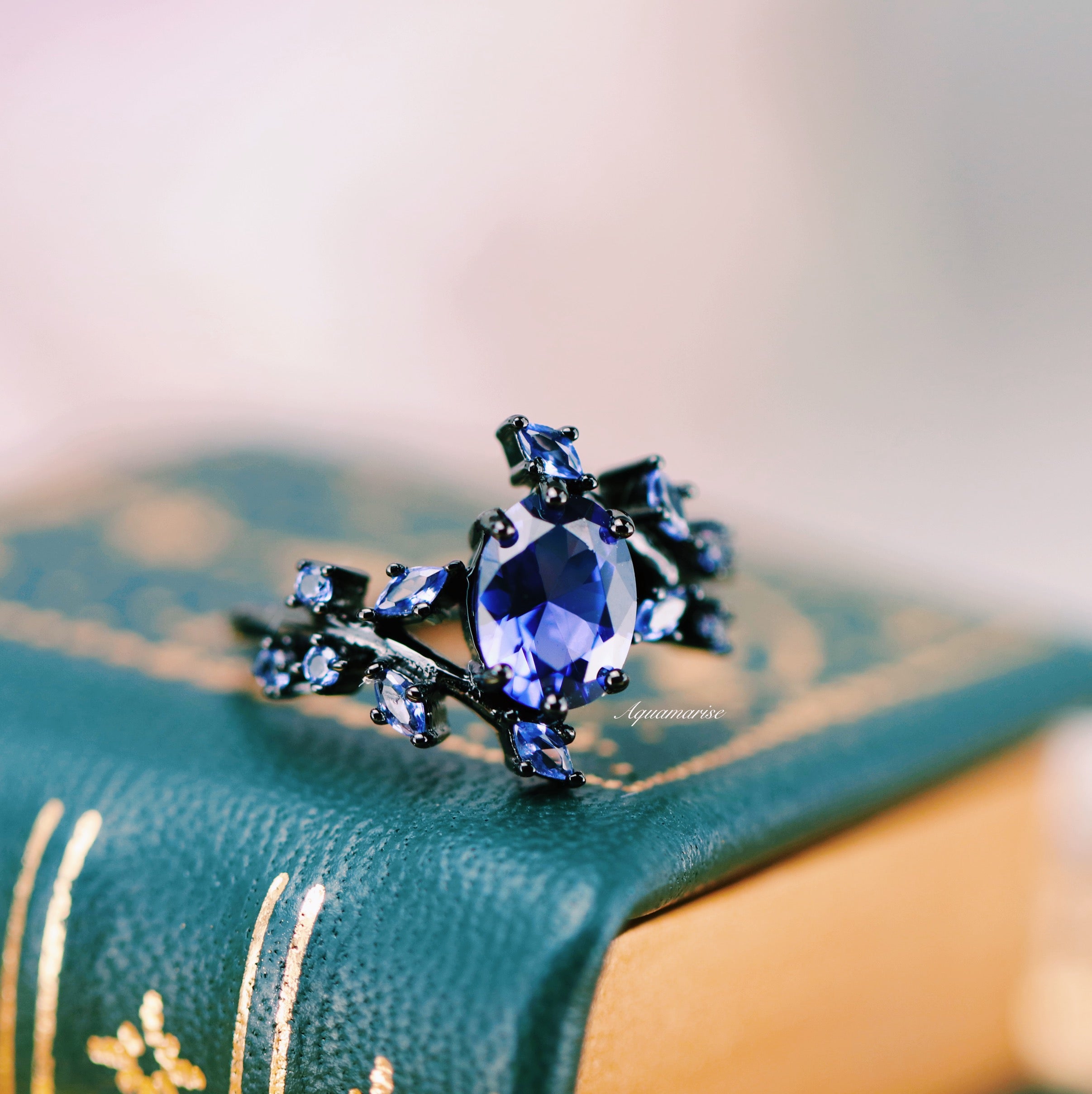 Cornflower Blue Sapphire Leaf Engagement Ring - Black Rhodium Filled Sterling Silver - Perfect for Wedding, Proposal & Anniversary Gifts